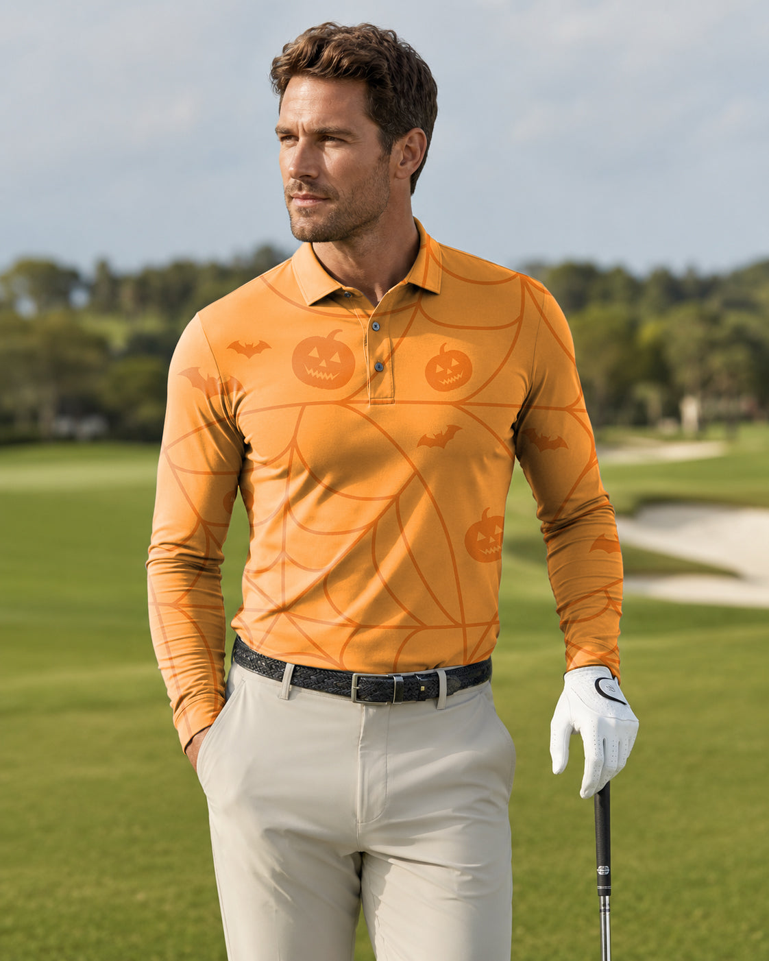 Men's Halloween Spiderweb Pumpkin Long-sleeved Polo