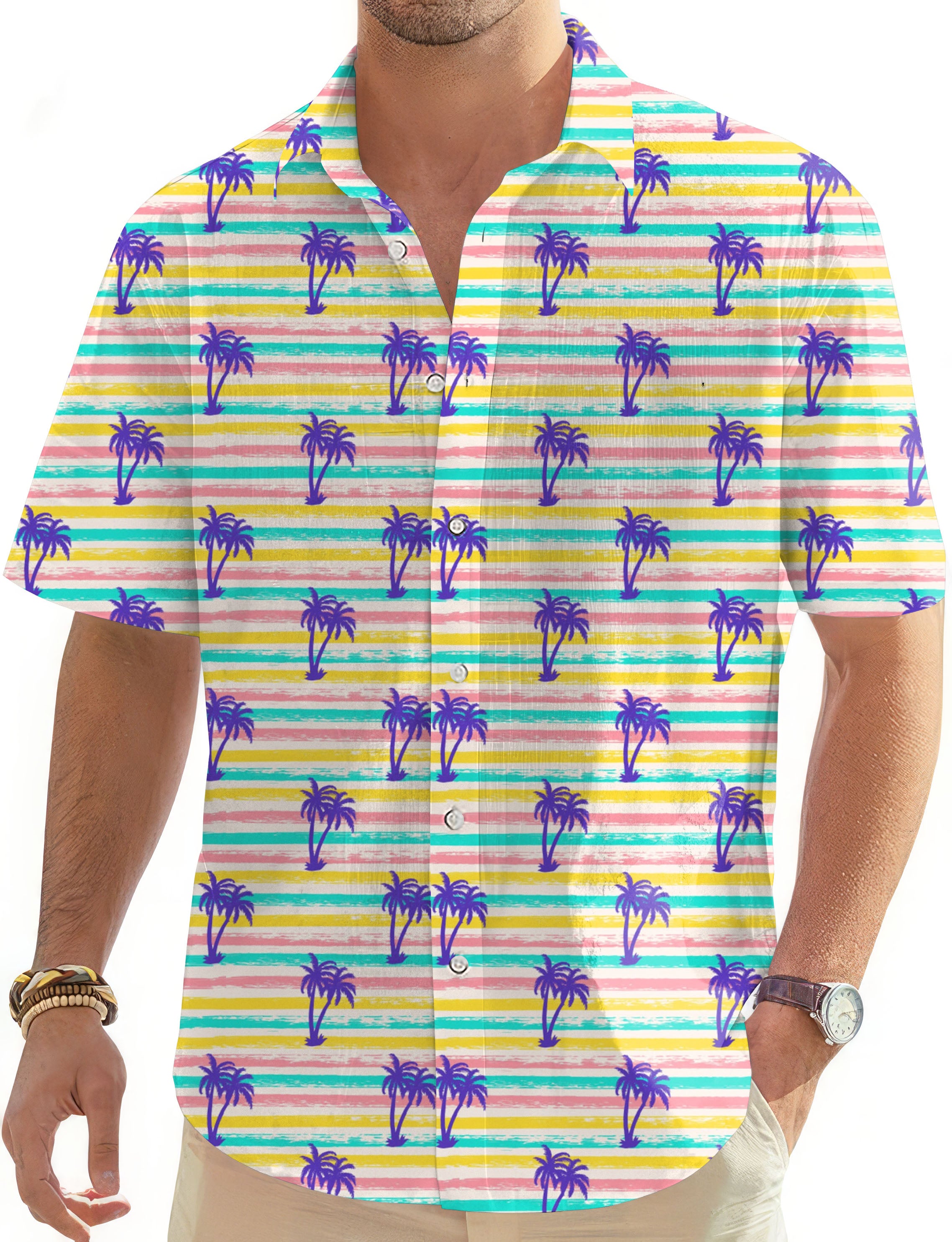 Striped Summer Palm tree-Men's Golf Hawaiian Shirts Button Down Shirt