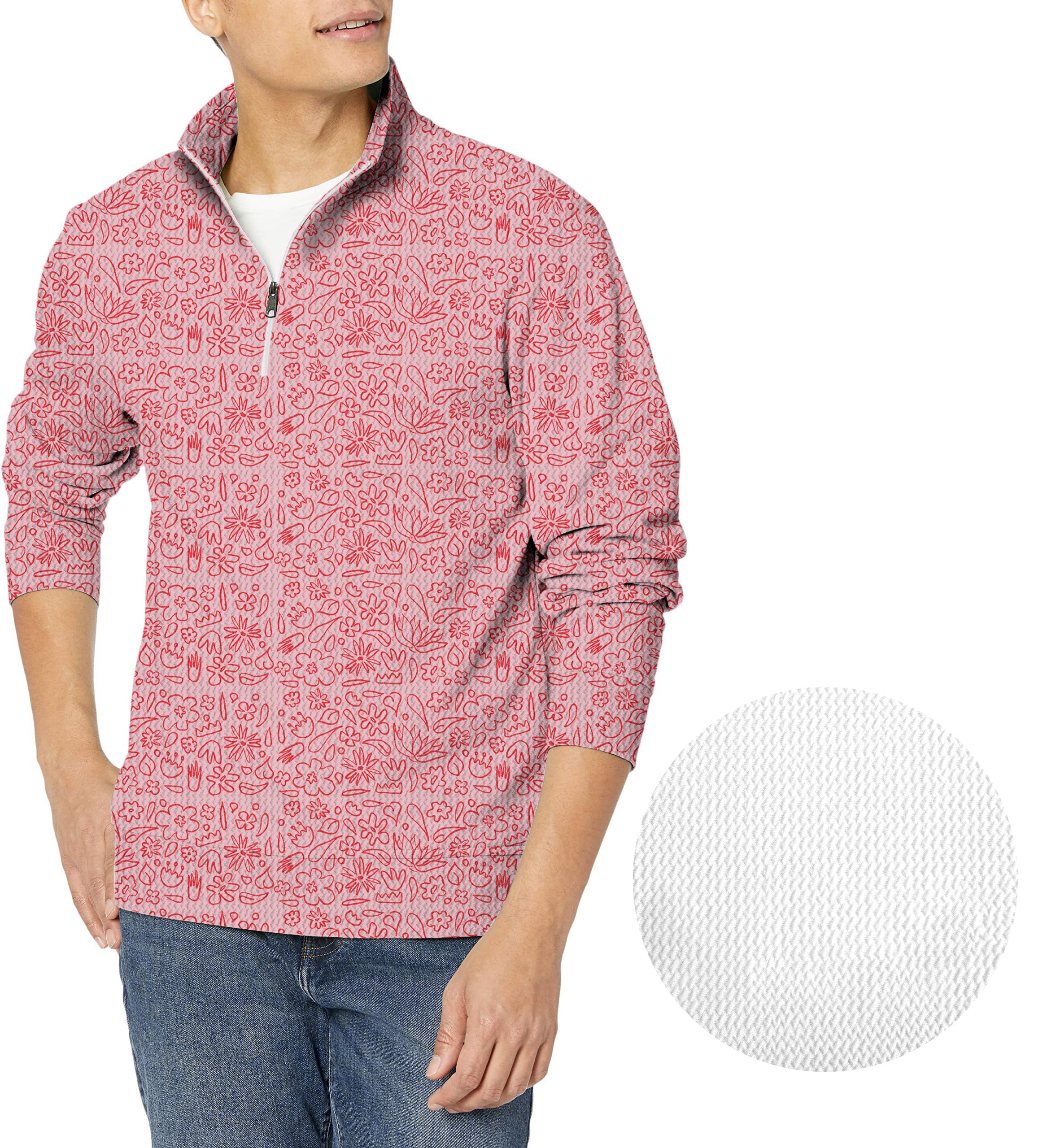 Simple Pink Flower Drawing Men's Golf Waffle Zipper Pullover