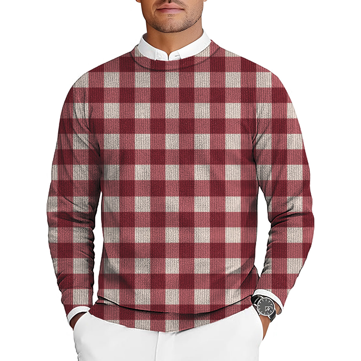 Christmas red checkerboard Men's Golf Crewneck Pullover Sweaters Ugly Sweater