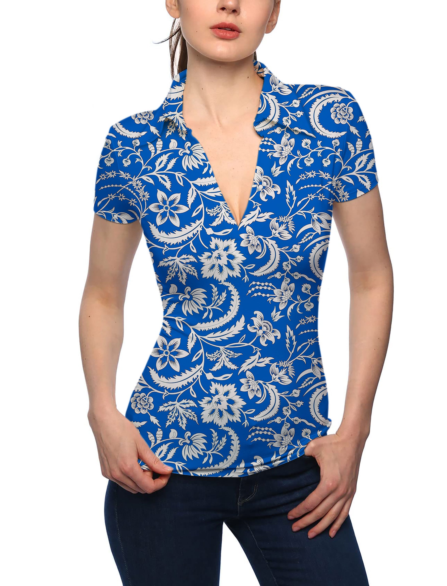 Women's Blue flowers V Neck Golf Polo