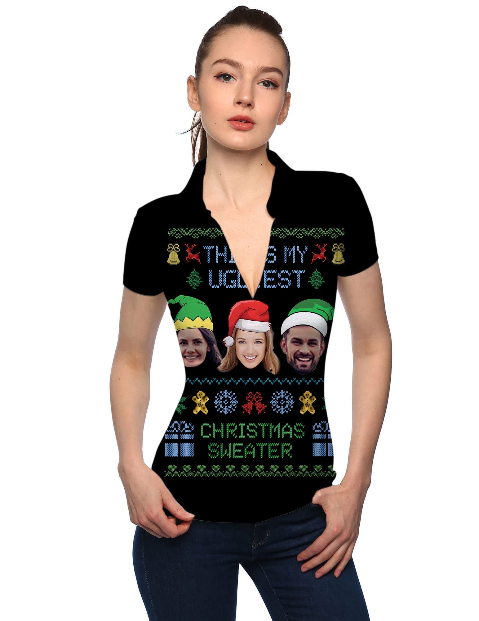 Women's Black-Christmas themed black V-neck golf polo with custom faces and festive holiday sweater design