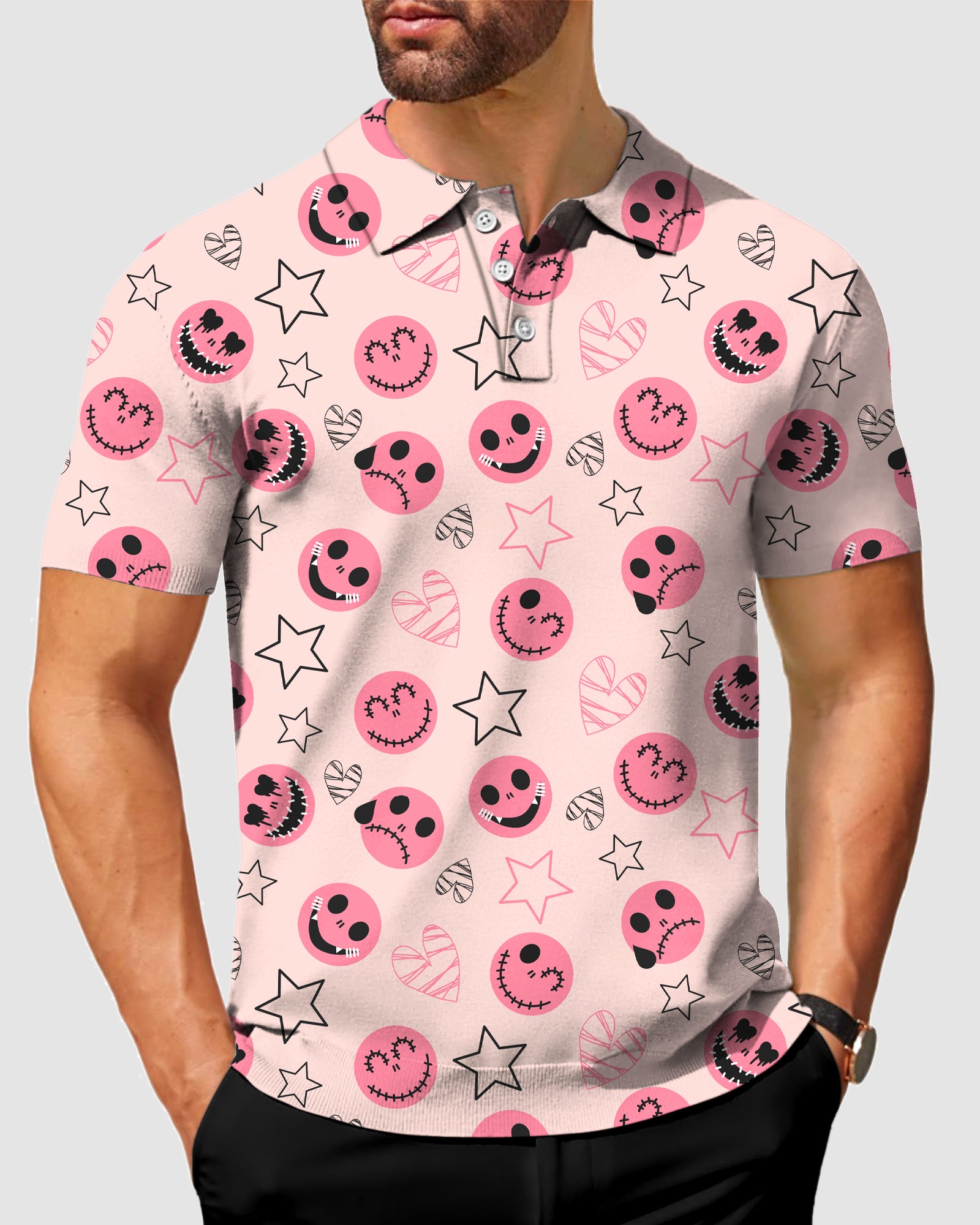 Men's alloween pink smiley face Polo
