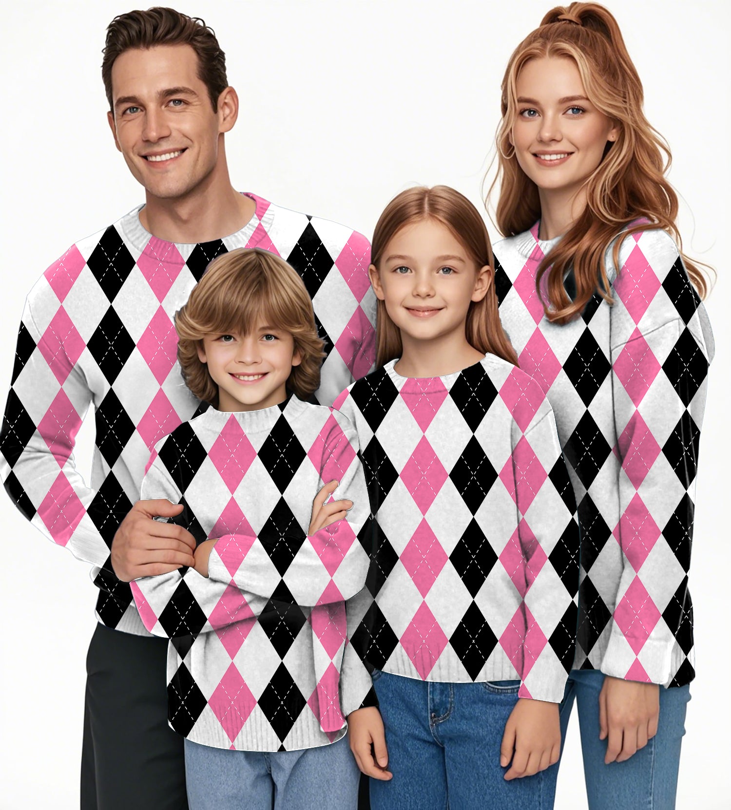 pink black argyle Crewneck Pullover Ugly Sweater Men Women boy girl family