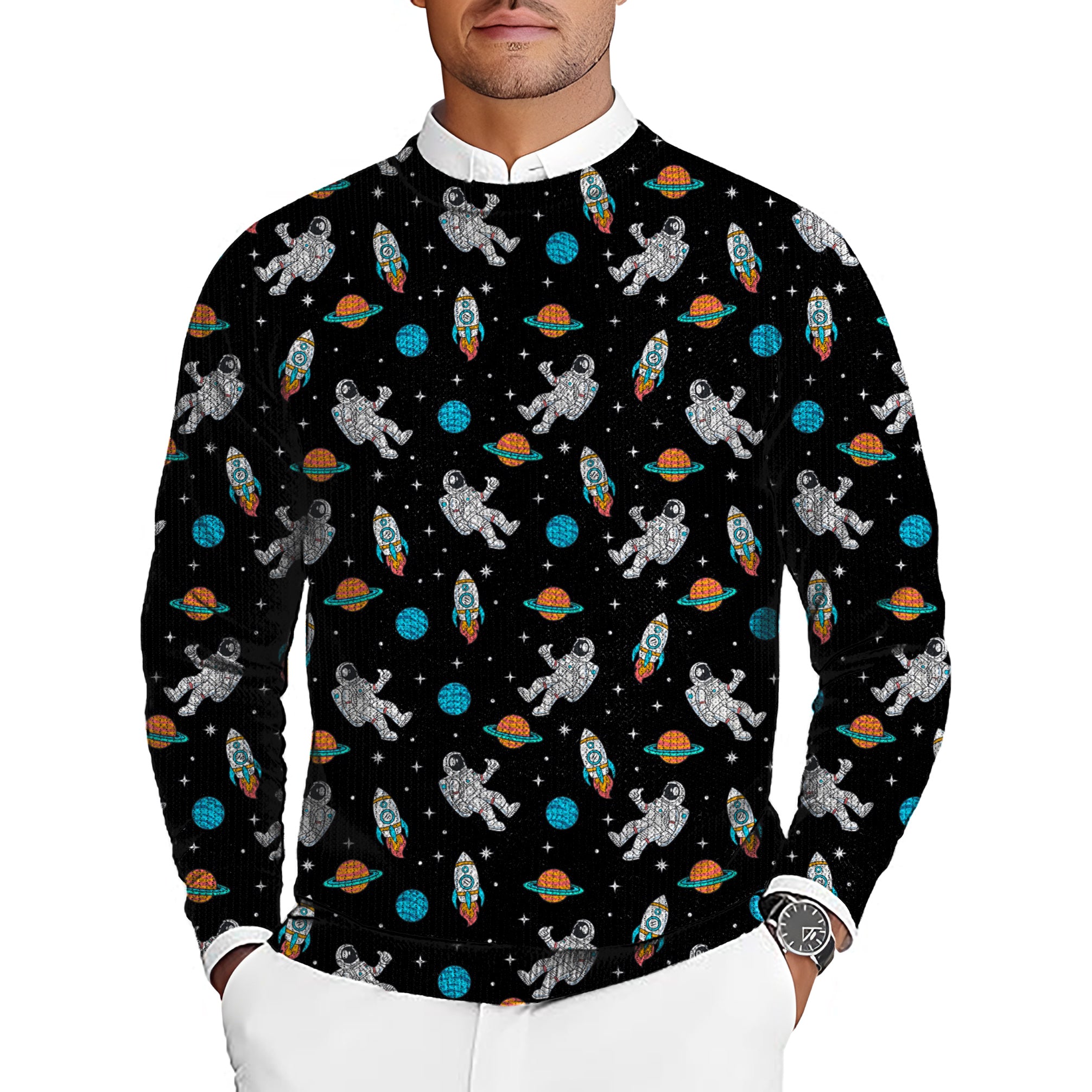 Space Man Men's Golf Crewneck Pullover Sweaters Ugly Sweater