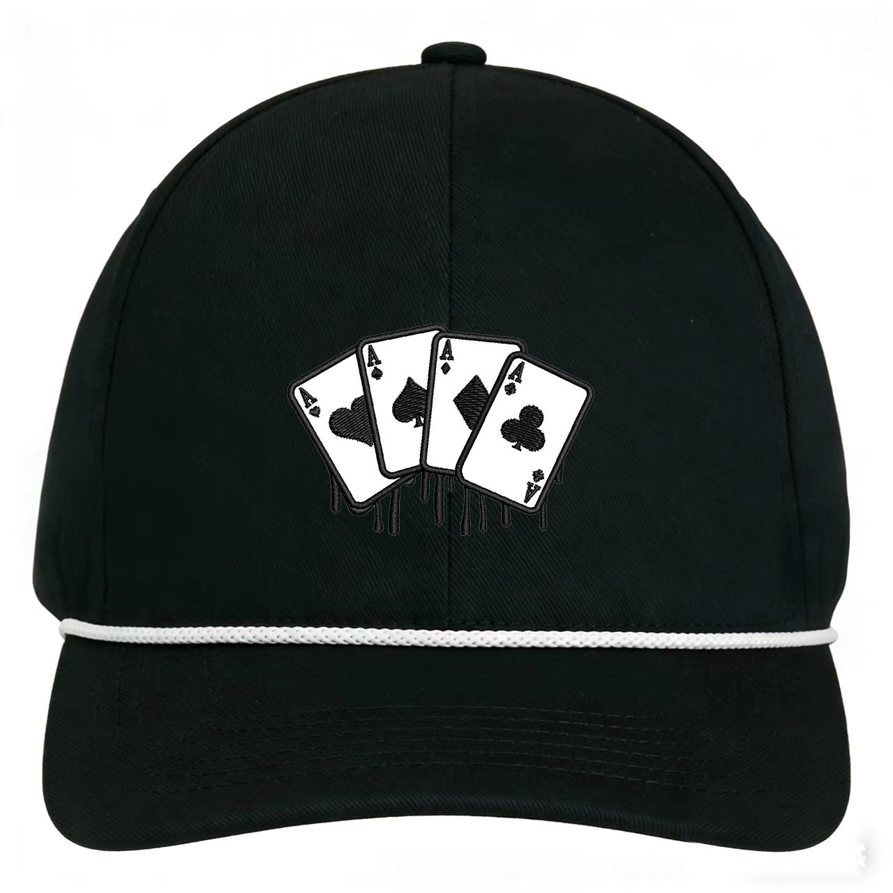 Black snapback custom embroidered hat with vintage poker card design and adjustable fit