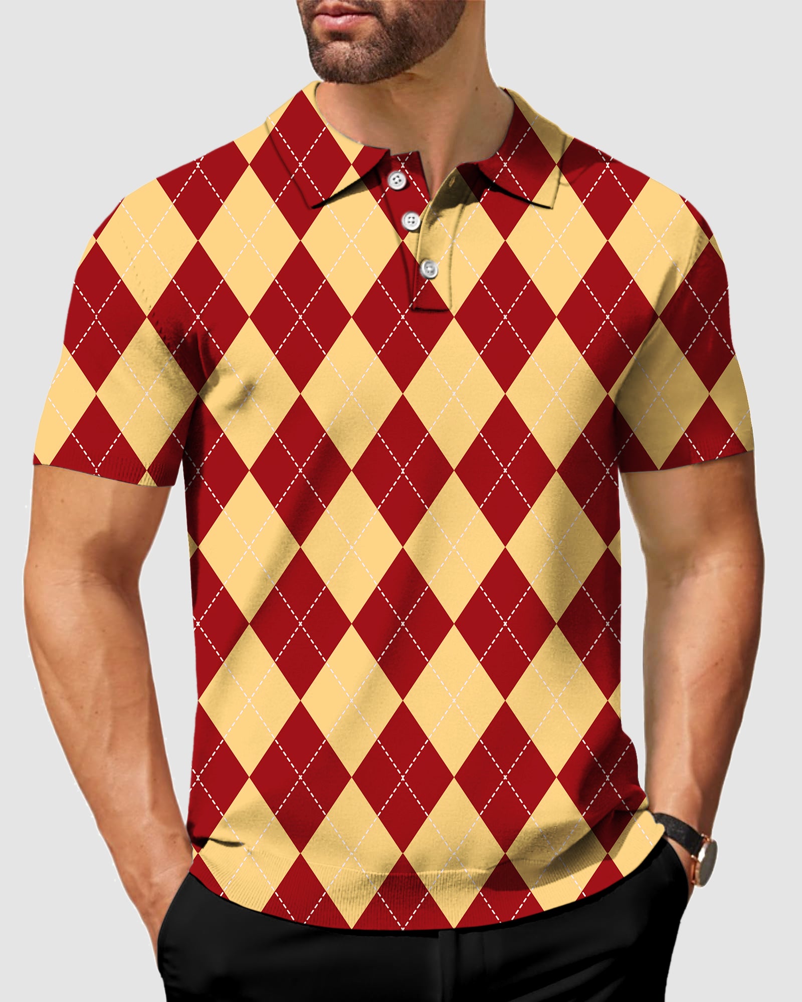Men's yellow red Argyle Polo