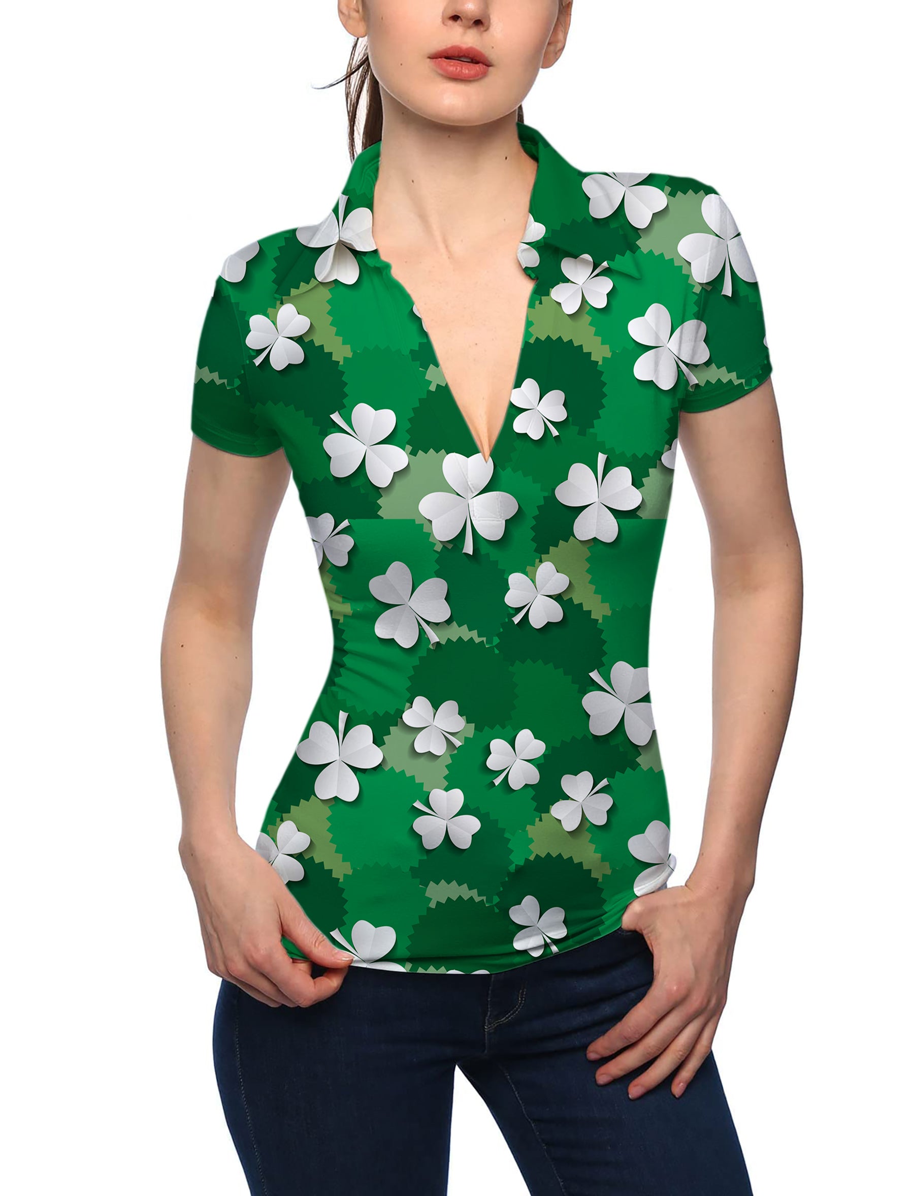 Women's Leaf clover St. Patrick's Day V Neck Golf Polo