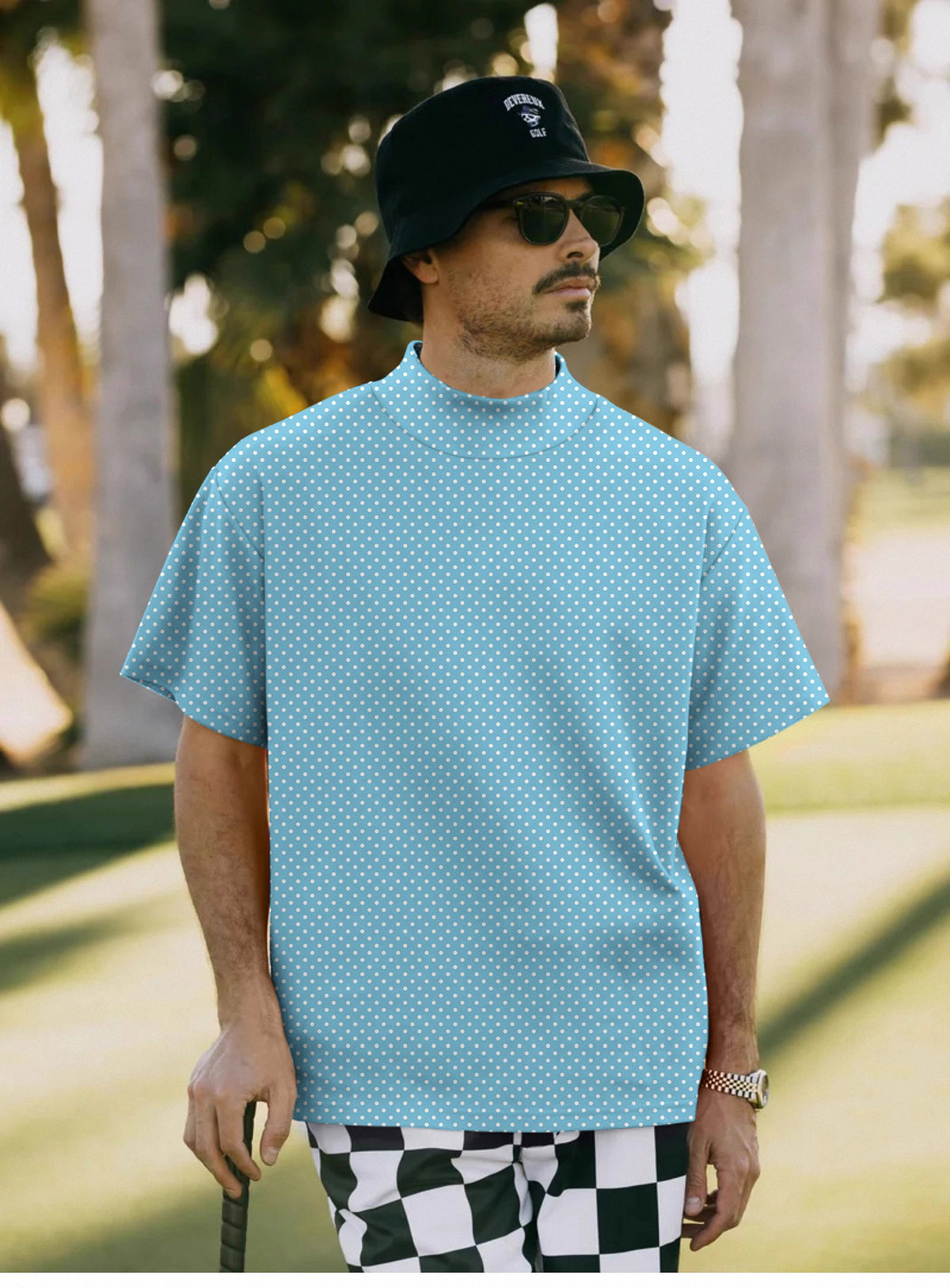Men's white polka dots blue background Mock Neck Long/Short Sleeve Golf Tops