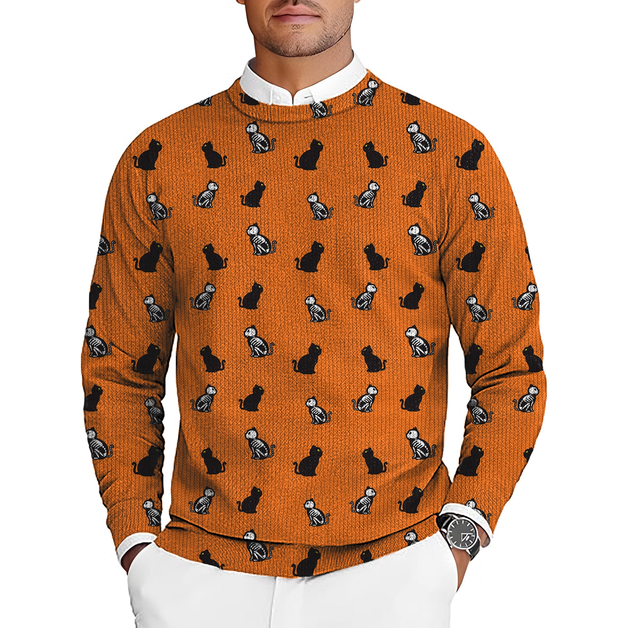 Halloween Skull Cat Custom The Background Color Men's Golf Crewneck Pullover Sweaters Ugly Sweater