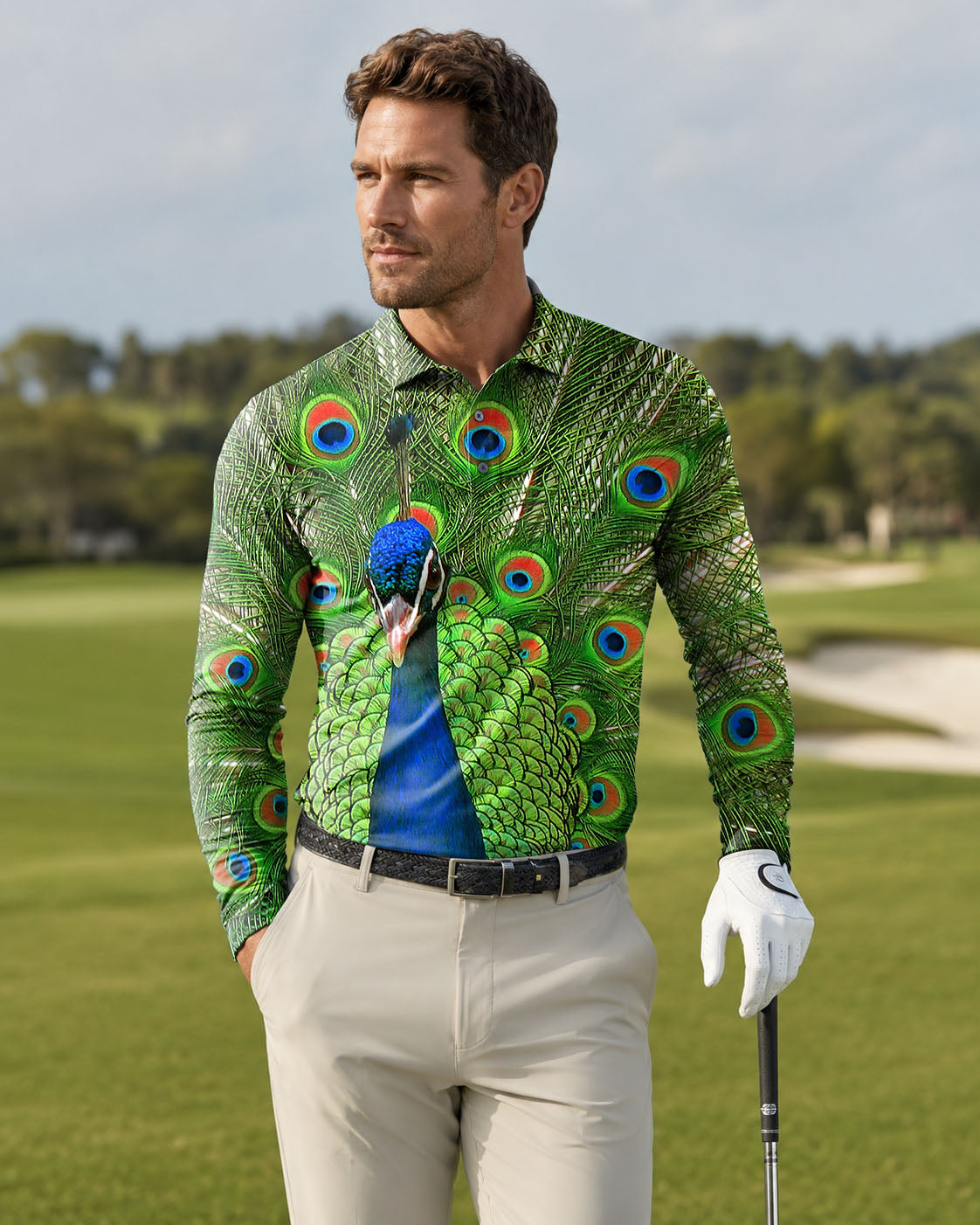 Men's peacock flaunting its tail Long-sleeved Polo