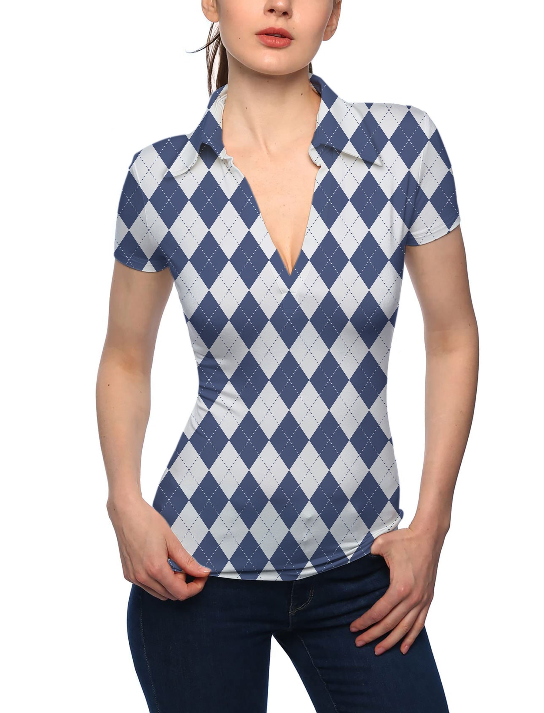 Women's Blue diamond grid V Neck Golf Polo