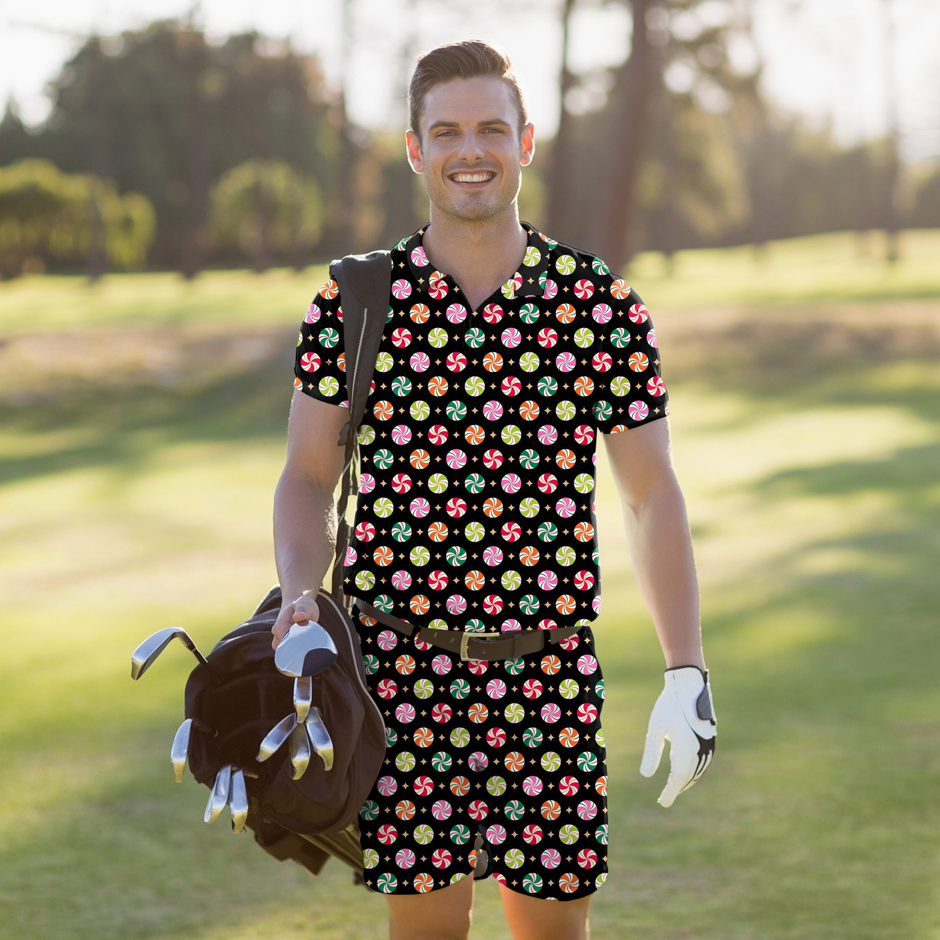 Men's Golf Set polo and shorts with Christmas candy print, moisture-wicking, stretchy, wrinkle-resistant, UPF 40+ protection, classic fit.