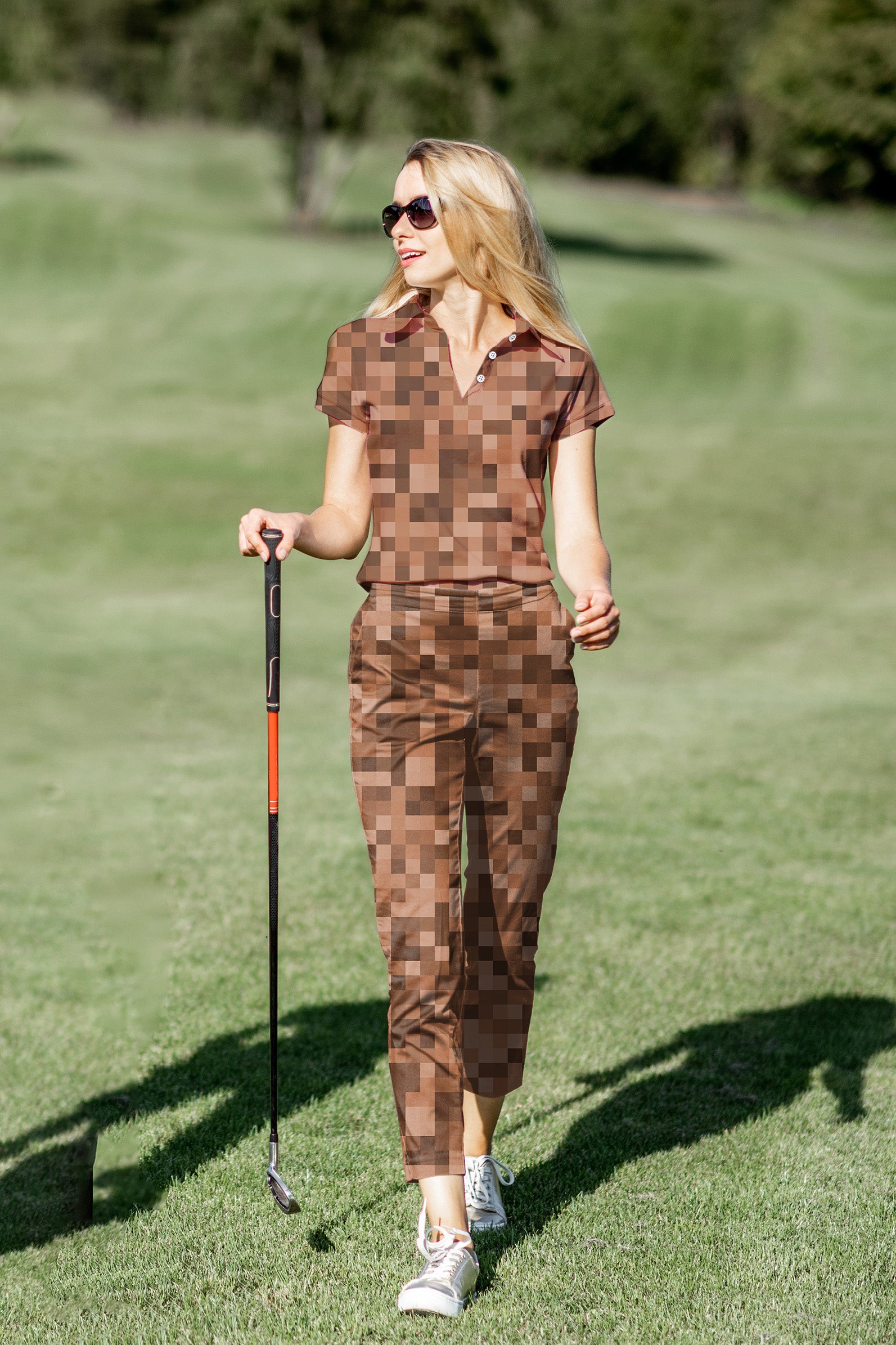 Women's Golf Polo+Pants Set Brown Pixel Big