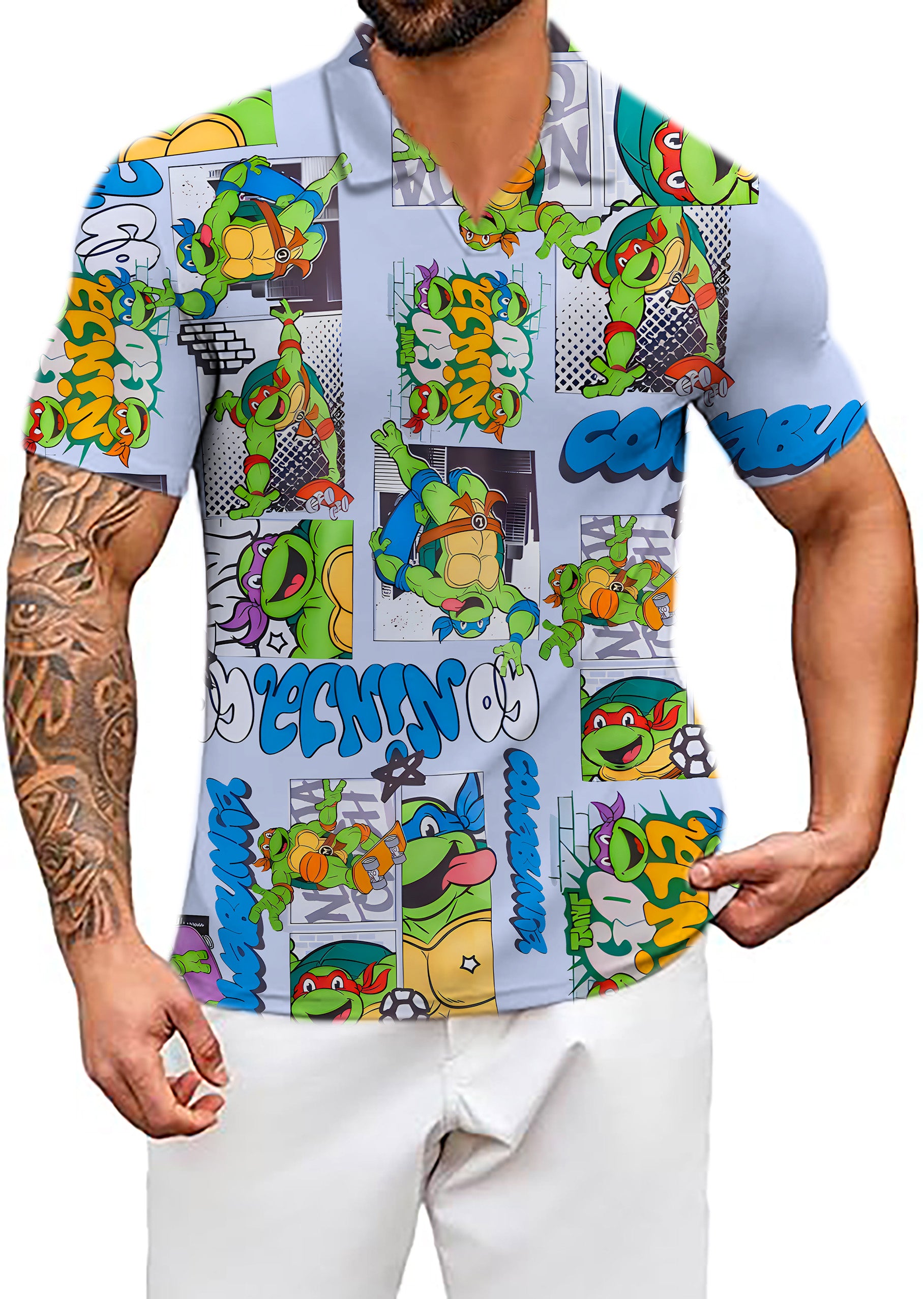 Men's TMNT - Comic Strip V Neck Golf Polo Shirts