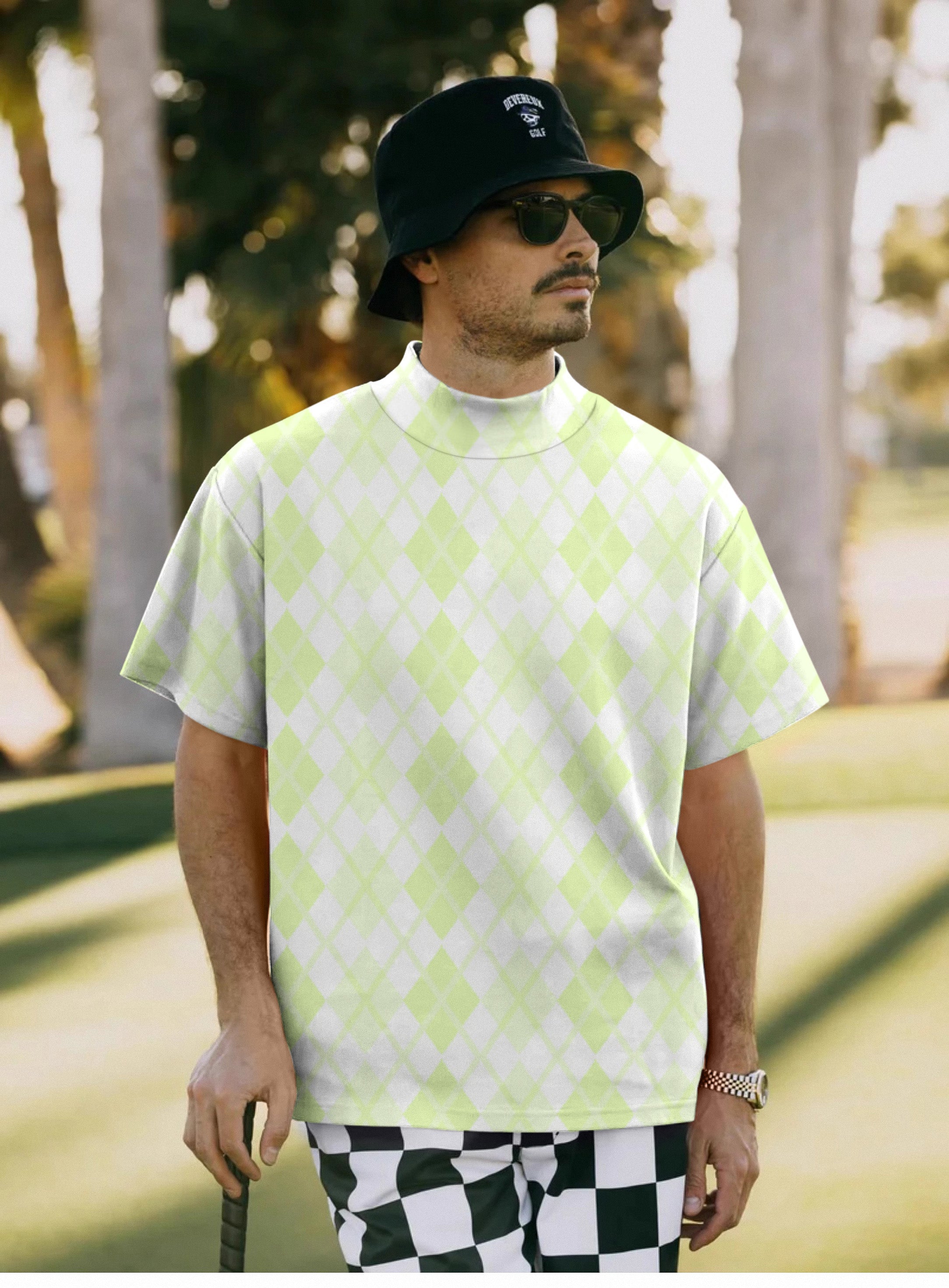 Men's green grid Pullover High neck Long/Short sleeve T-Shirt