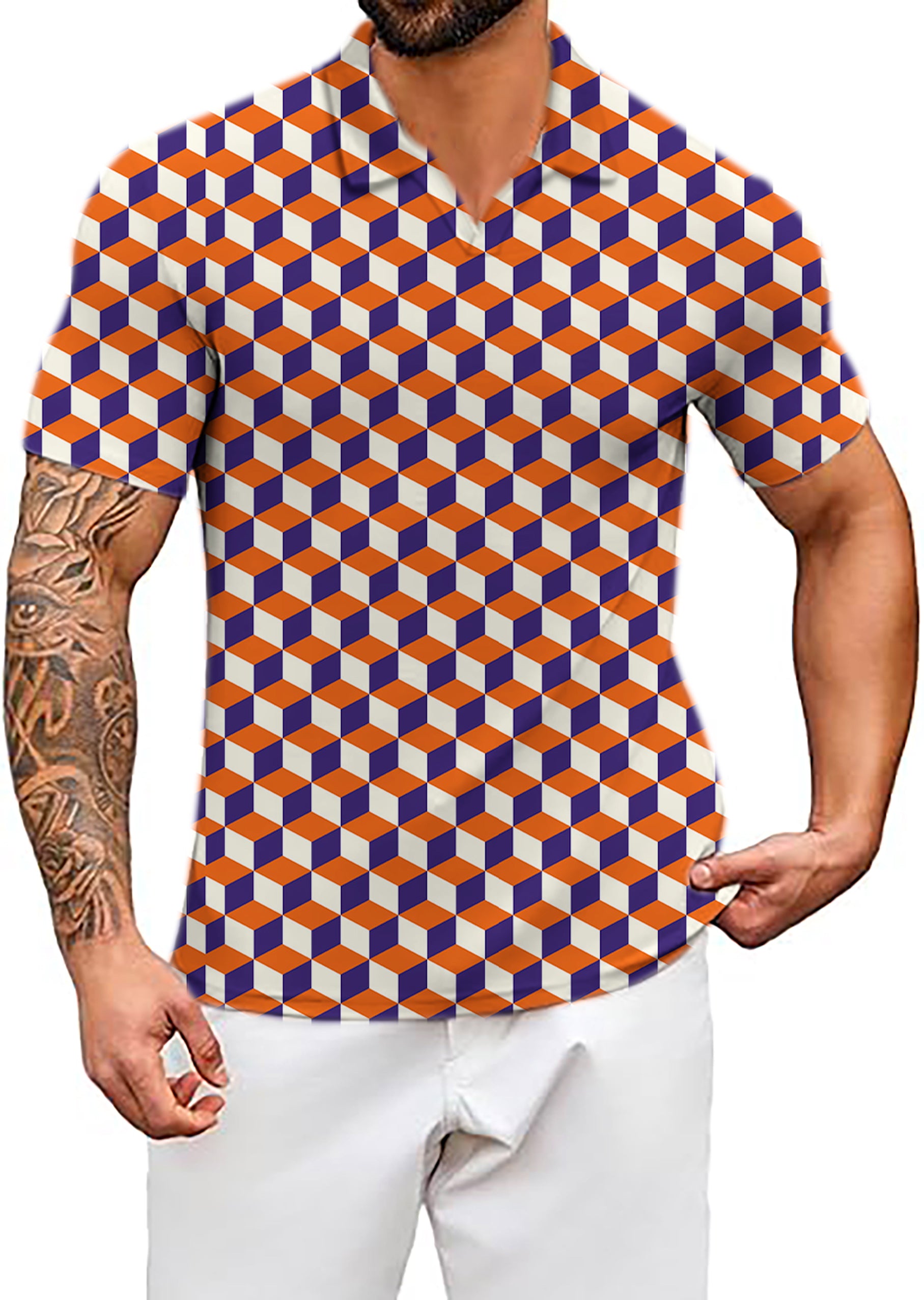 Men's orange  3d square box V Neck Golf Polo Shirts
