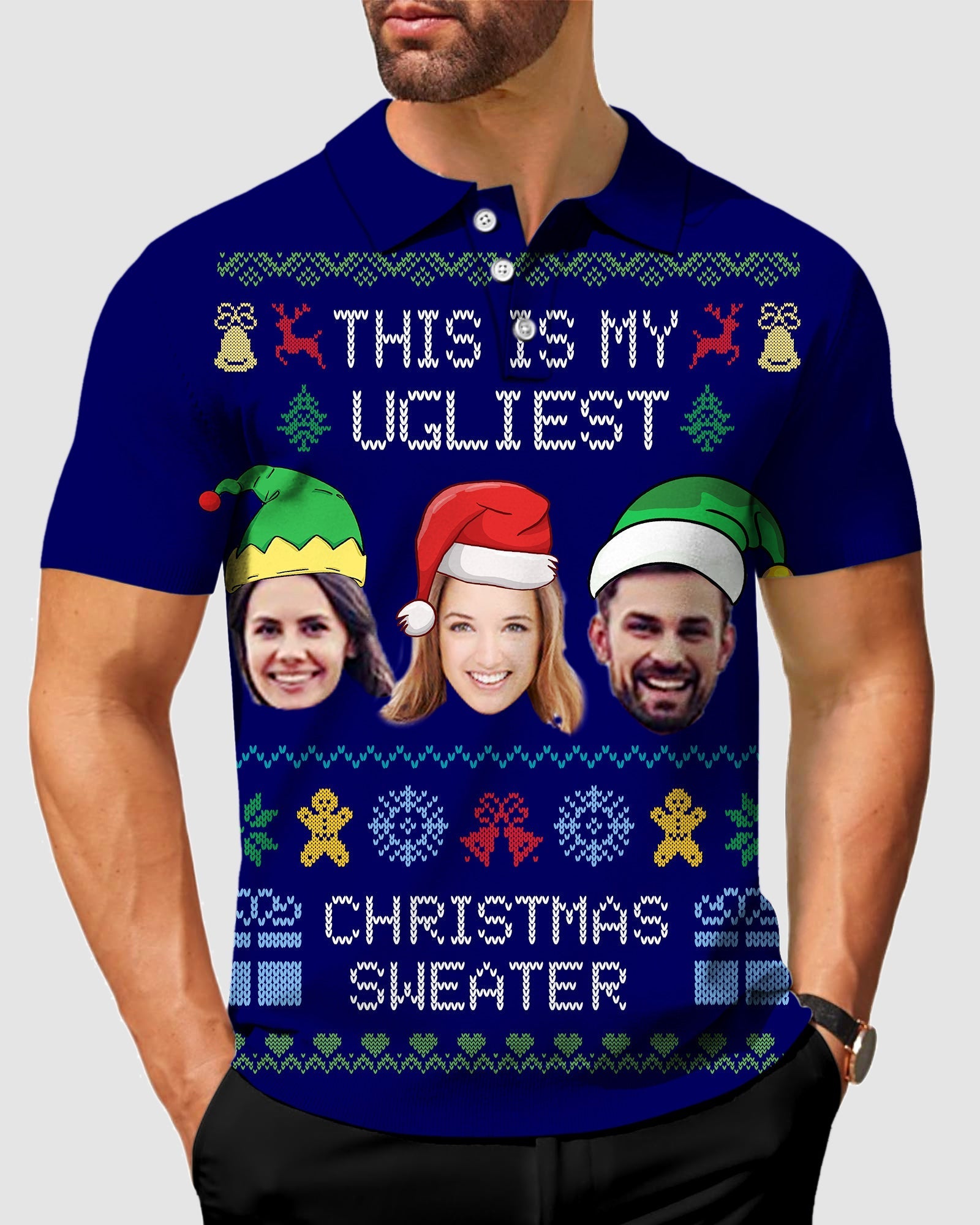 Men's navy Christmas custom face polo with festive ugly sweater design and personalization options