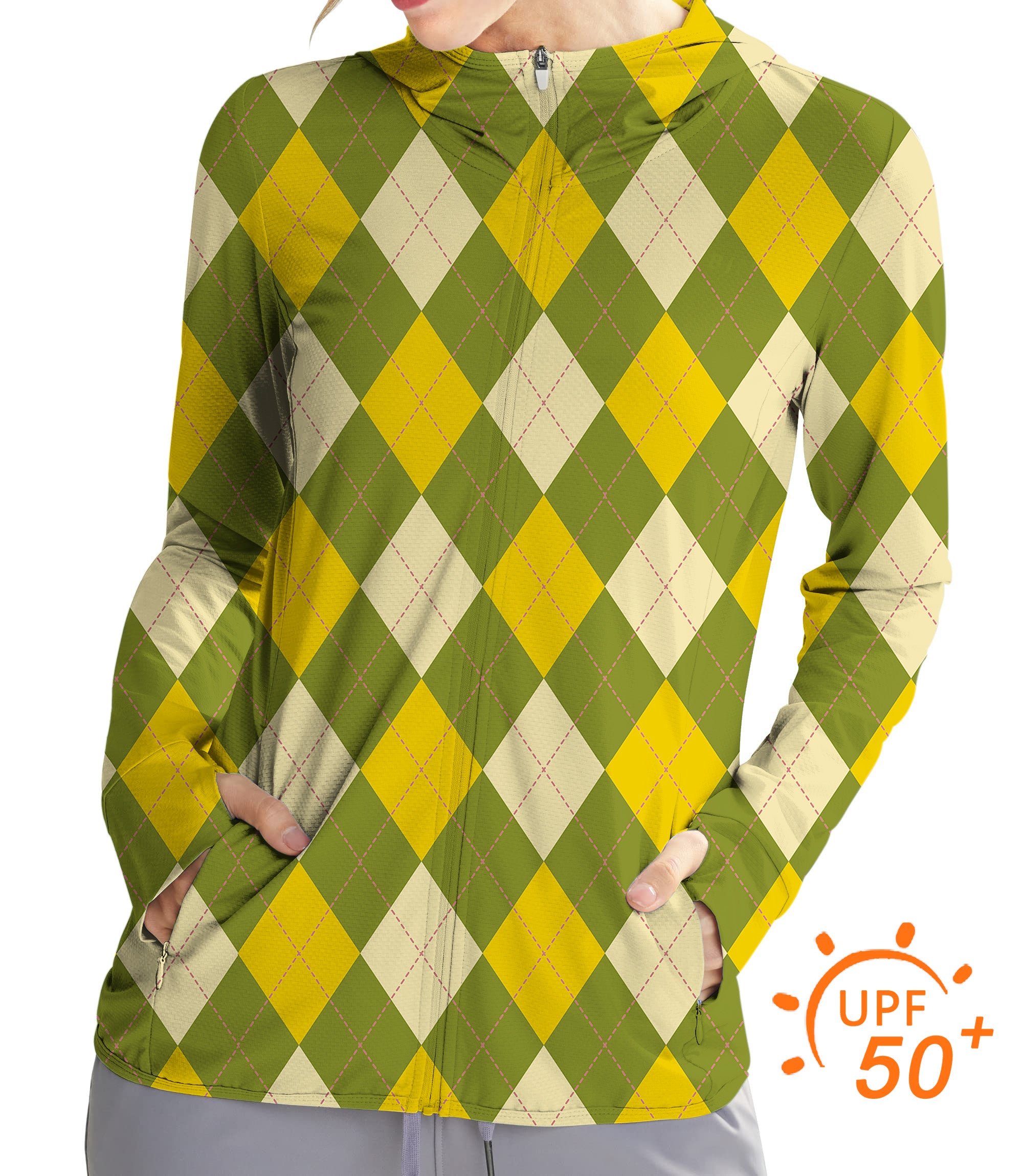 Women's Outdoor Yollow Argyle Golf Sun Protection Slim Fit zip hoodies