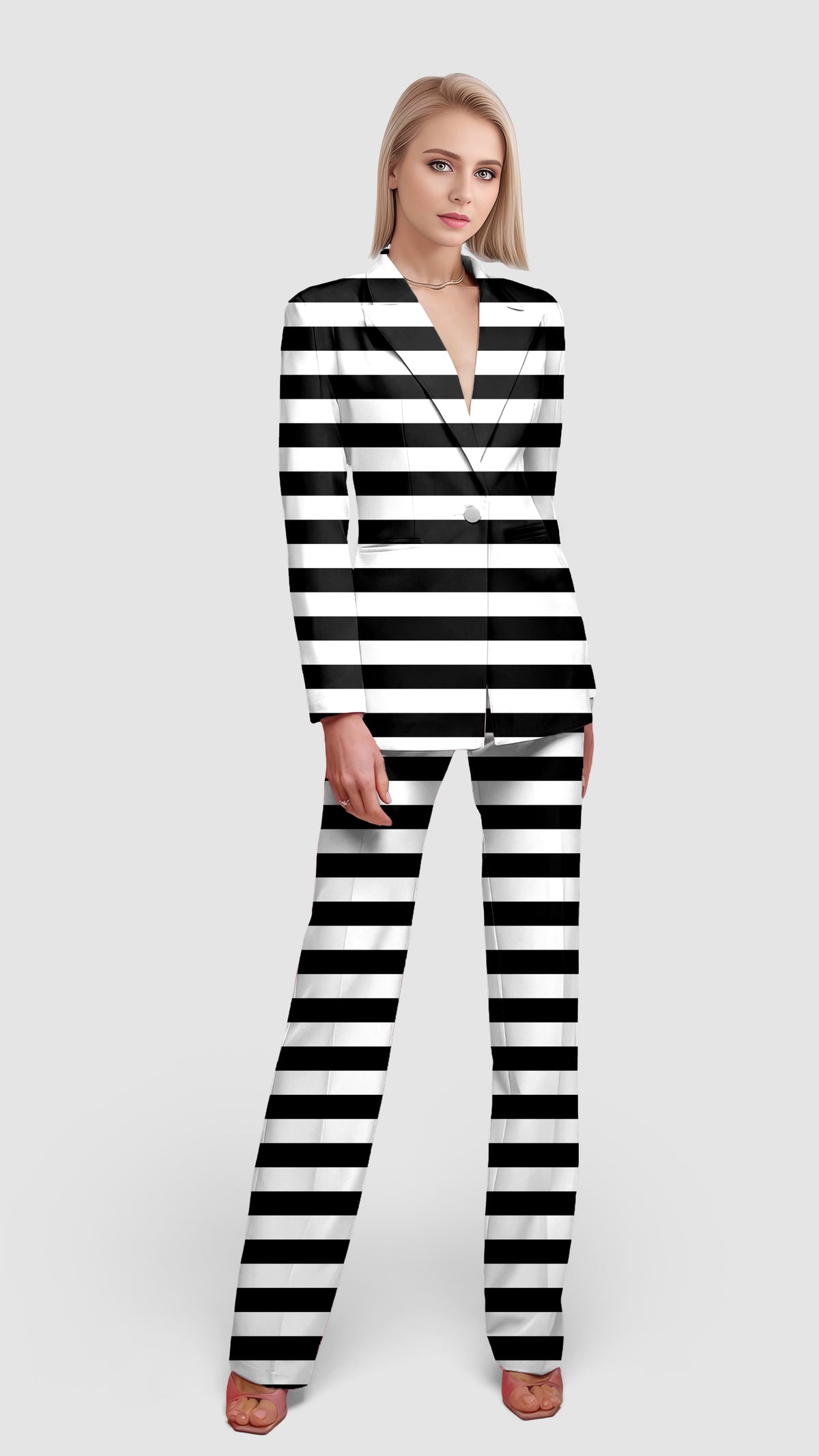 Black and white horizontal stripes Women's Blazer Casual Work Office Blazer Suit set