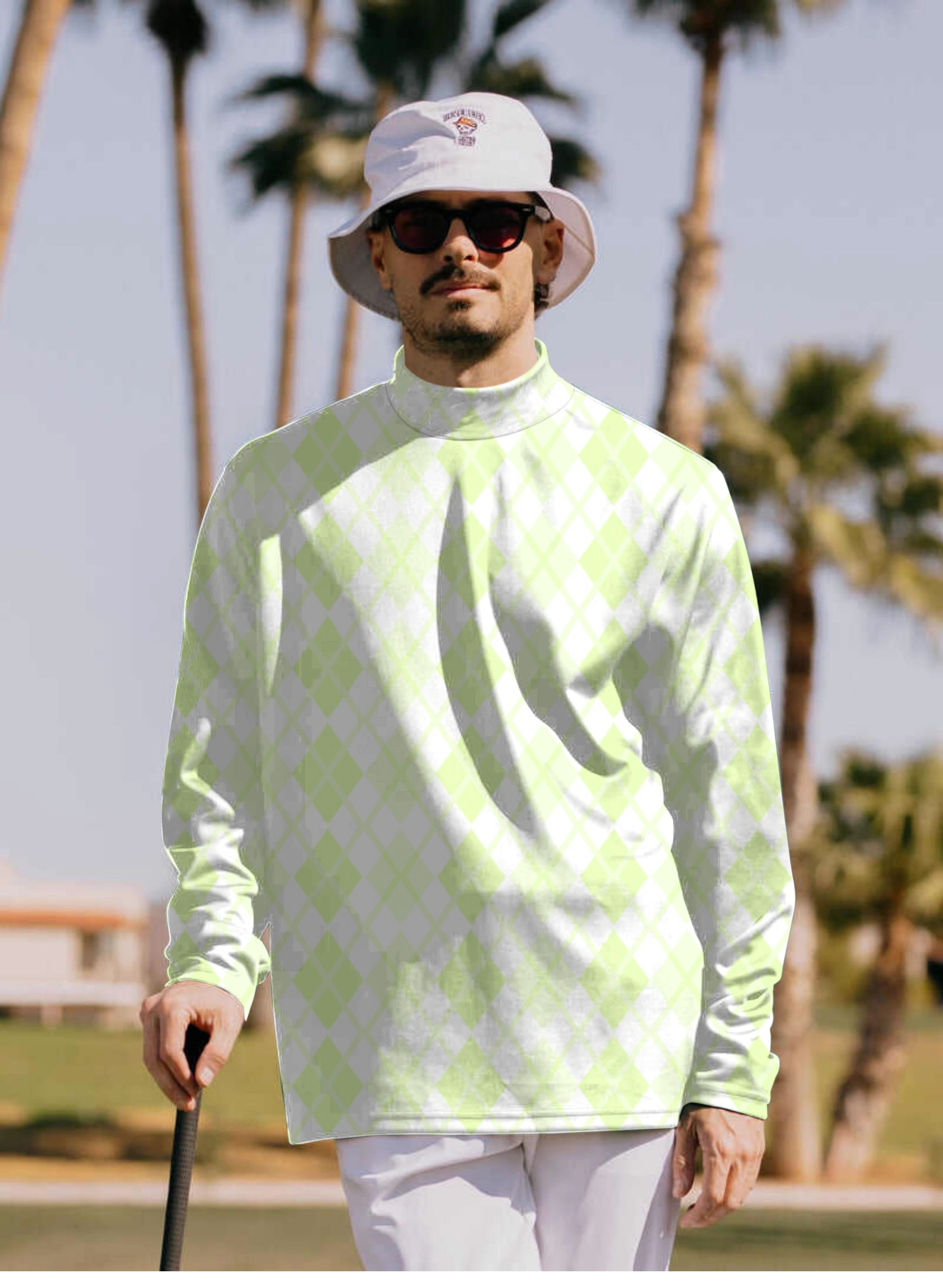 Men's green grid Pullover High neck Long/Short sleeve T-Shirt