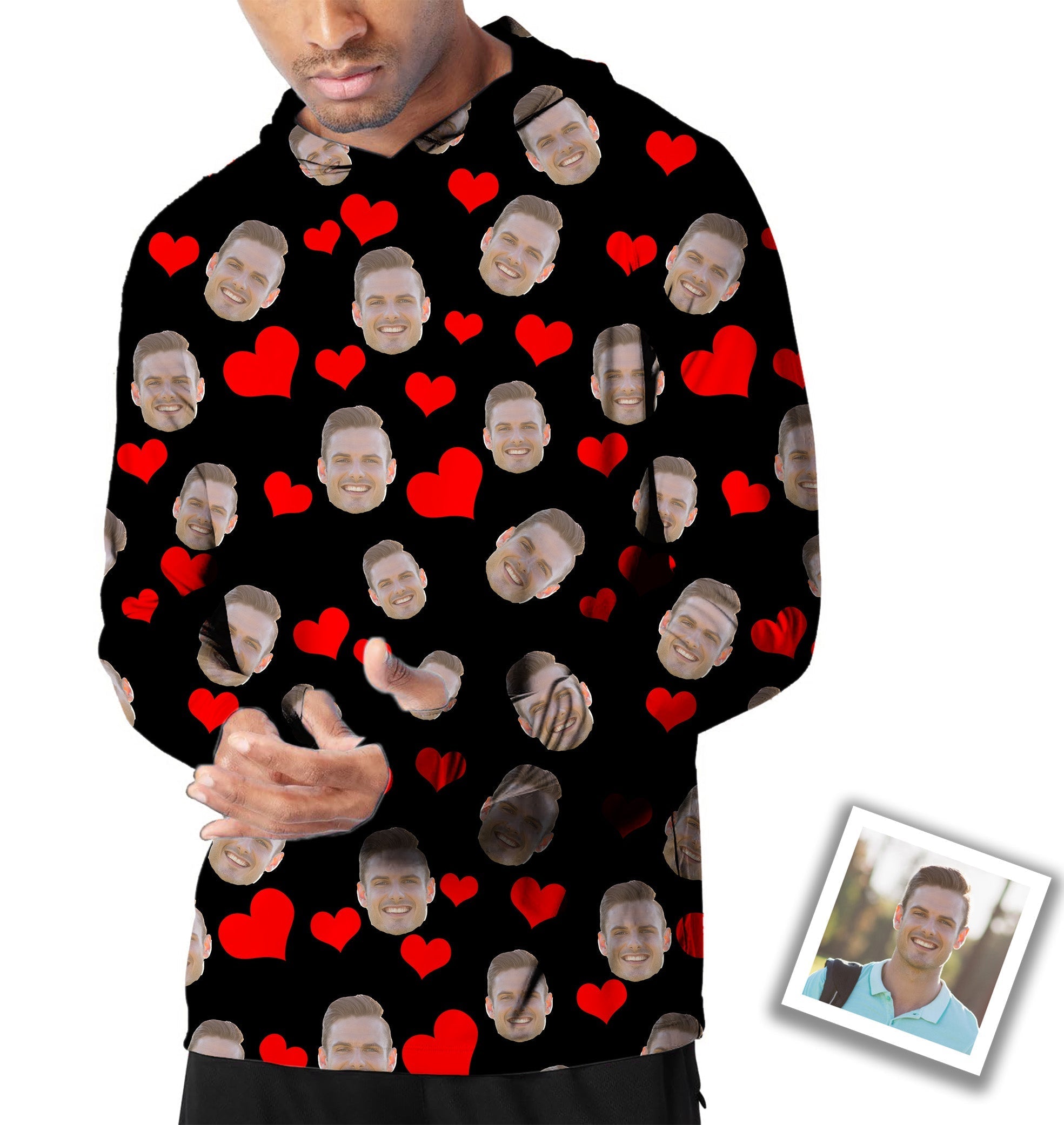 Men's outdoor hoodie with custom red heart and funny face photo print, slim fit, sun protection design.