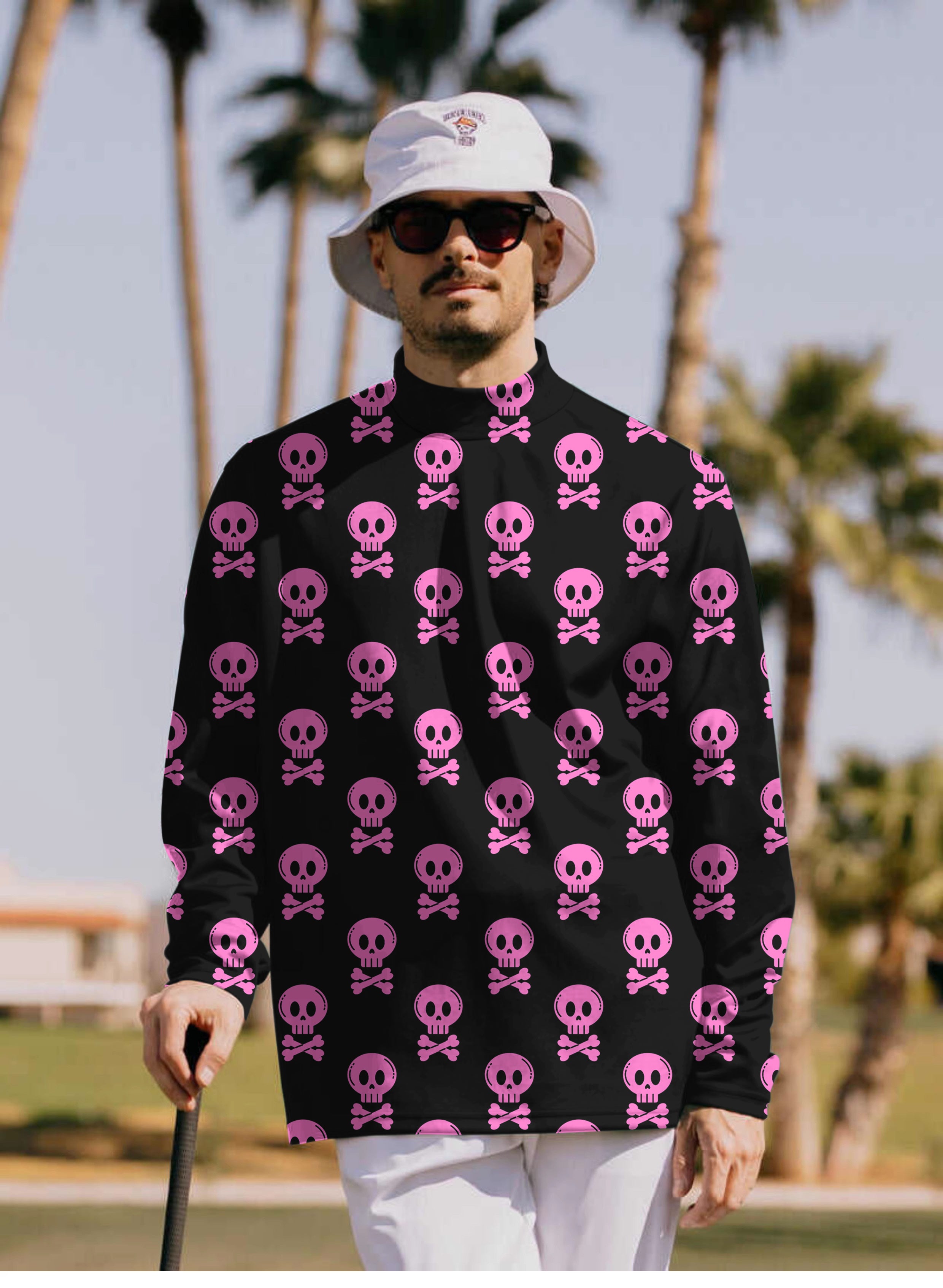 Men's Halloween Punk Skull Mock Neck Long/Short Sleeve Golf Tops