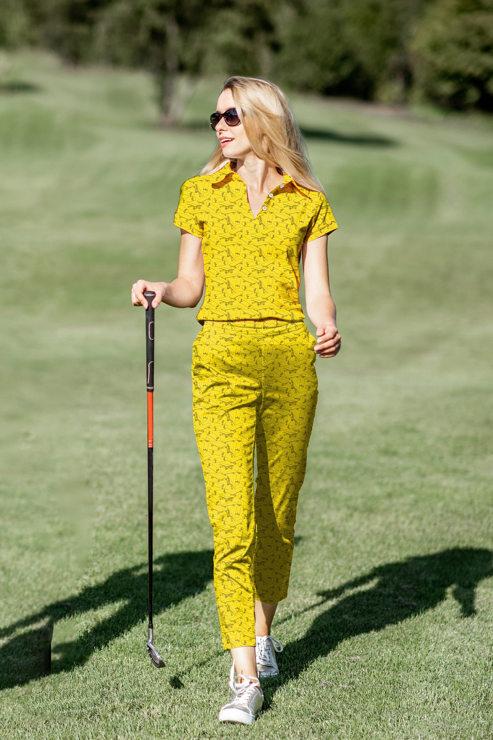 Women's Golf Polo+Pants Set Yellow Skateboard