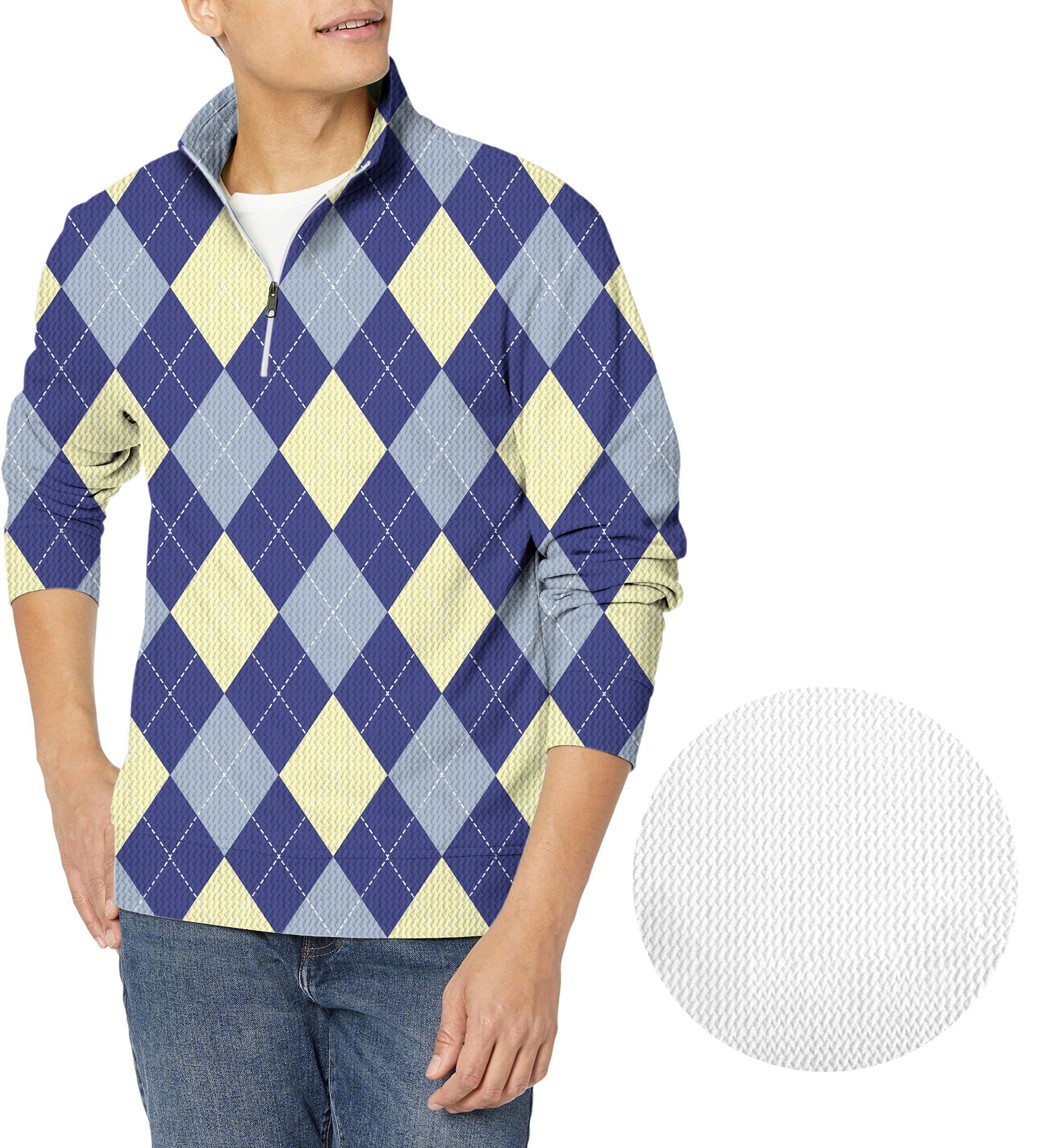 blue Argyle-Men's Golf Waffle Zipper Pullover