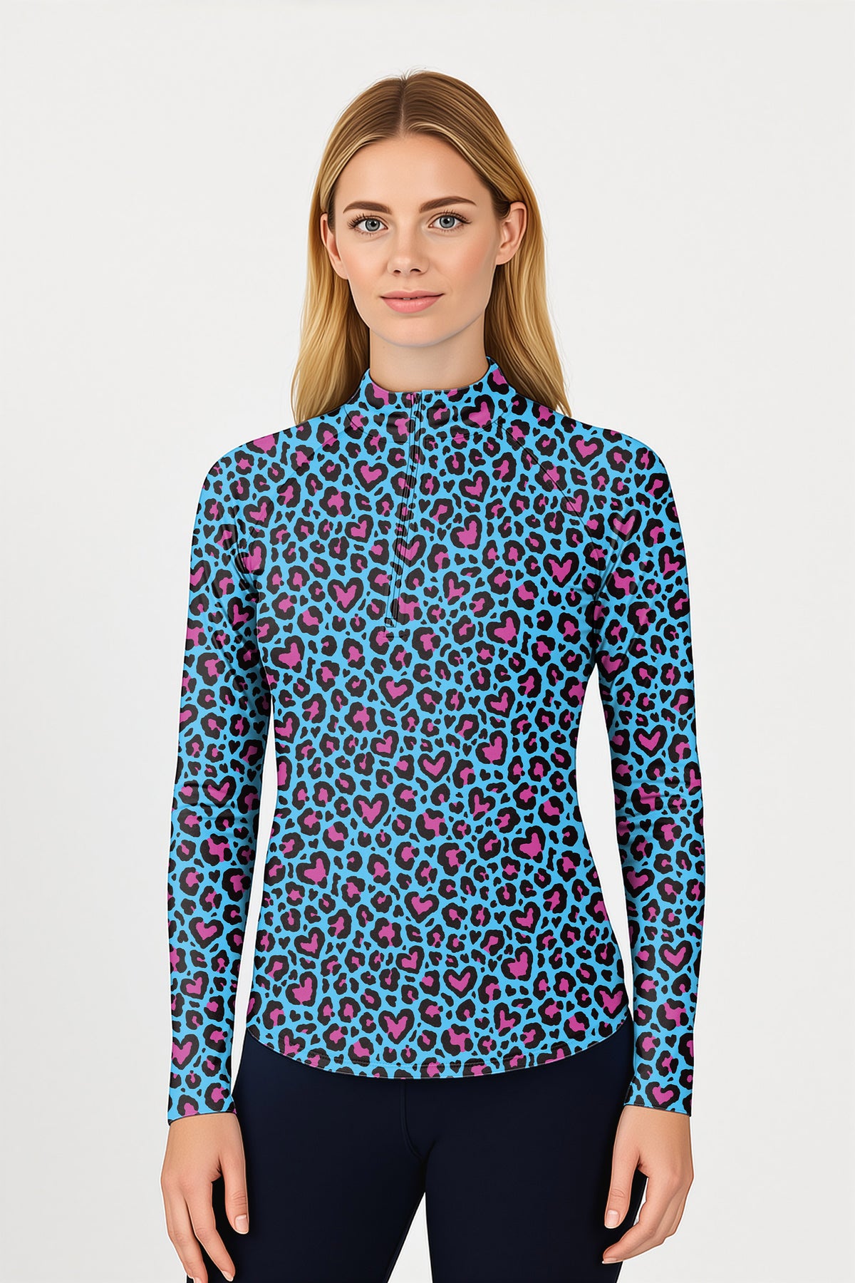 Pink leopard print Women's Golf Active 3/4 Zipper Top Long Sleeves