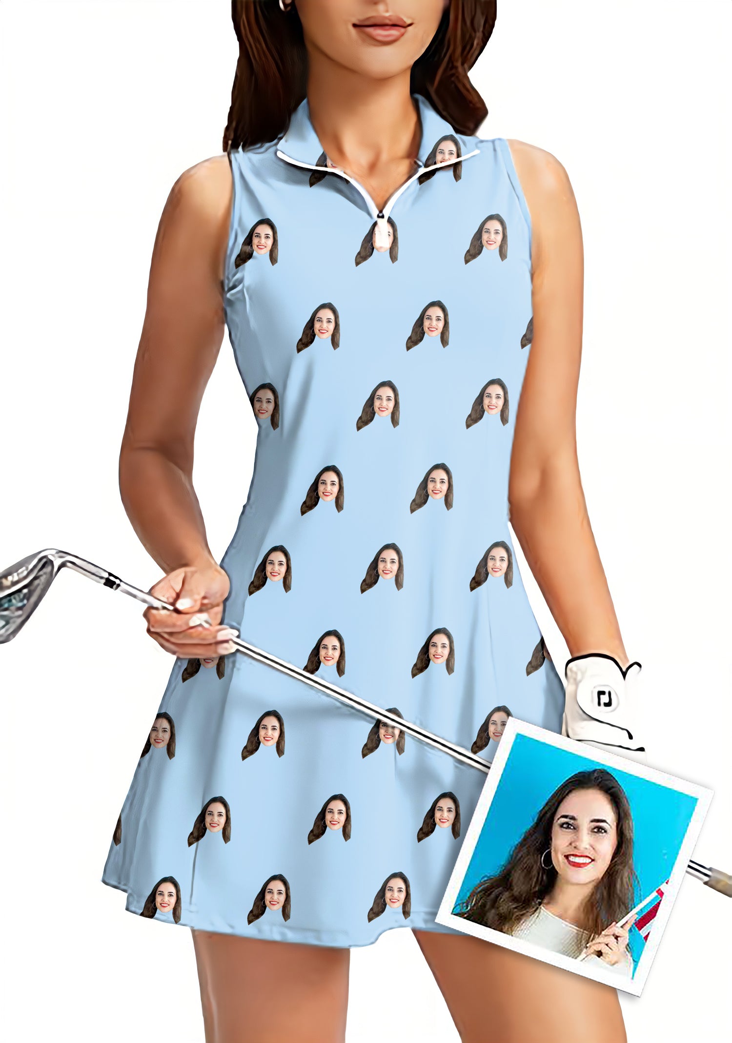 Custom Photo Funny Face Women's Golf Sleeveless Zipper Dresses with Built in Shorts