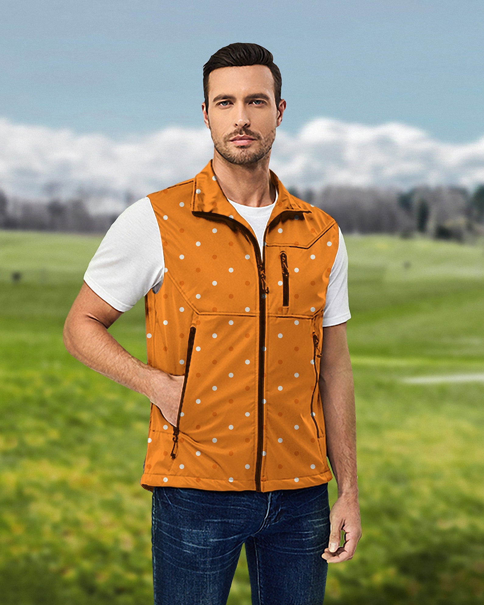 Men's Halloween yellow and white polka dots Lightweight Softshell Vest Sleeveless Jacket for Golf Windproof Waterproof