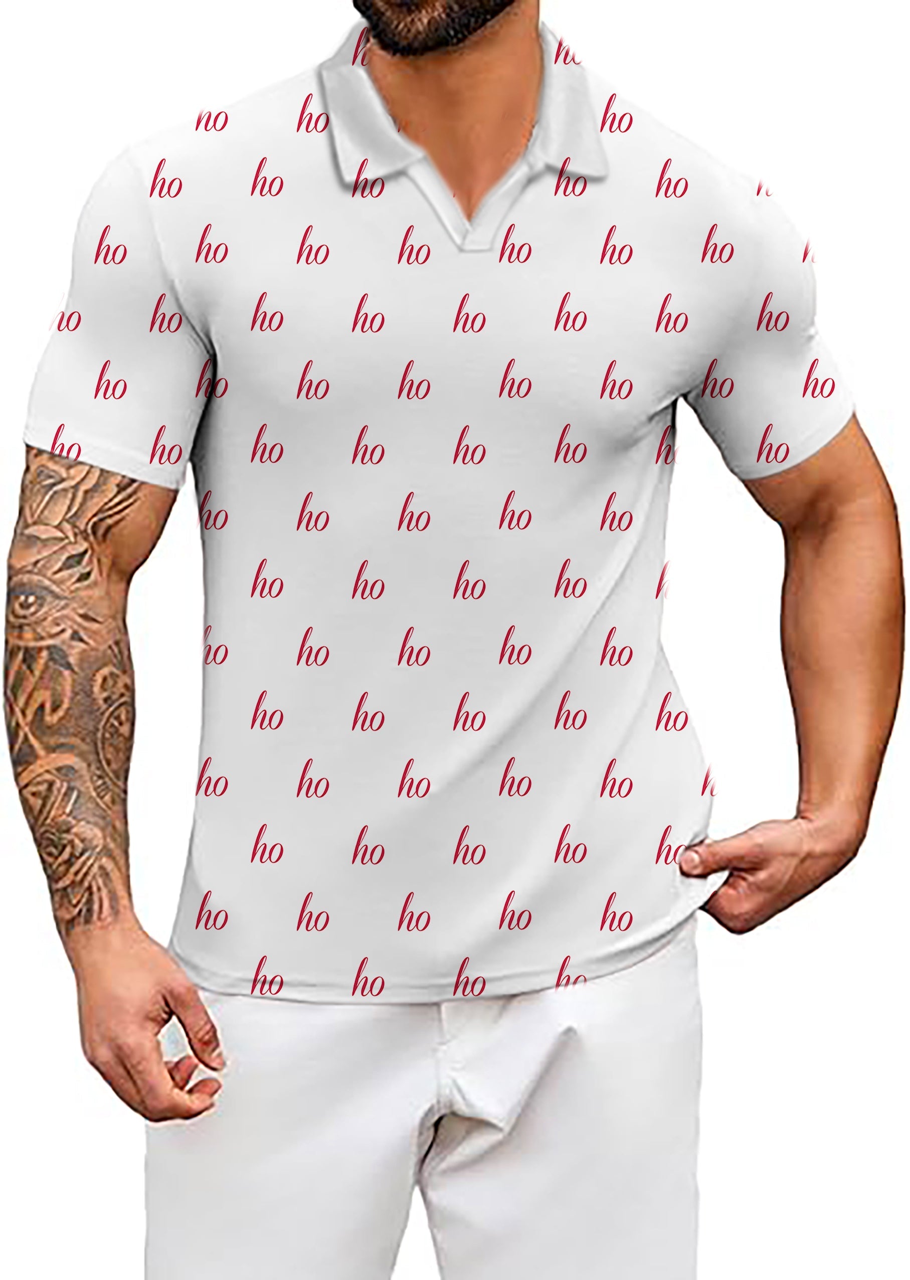 Men's white custom Christmas polo shirt with red "ho" print and classic fit, moisture-wicking fabric and UPF 40+ protection