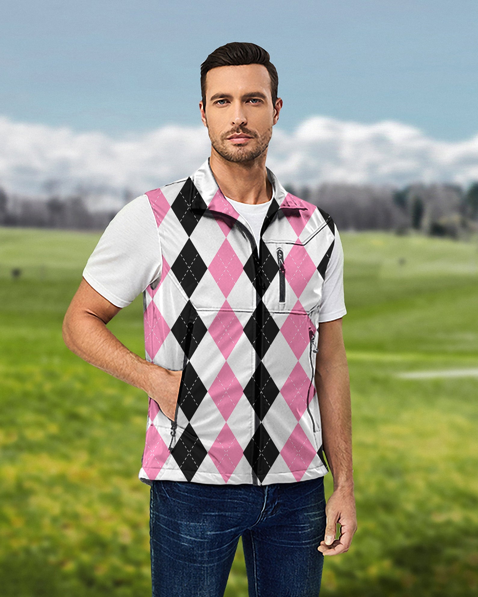 Men's pink black argyle Lightweight Softshell Vest Sleeveless Jacket for Golf Windproof Waterproof