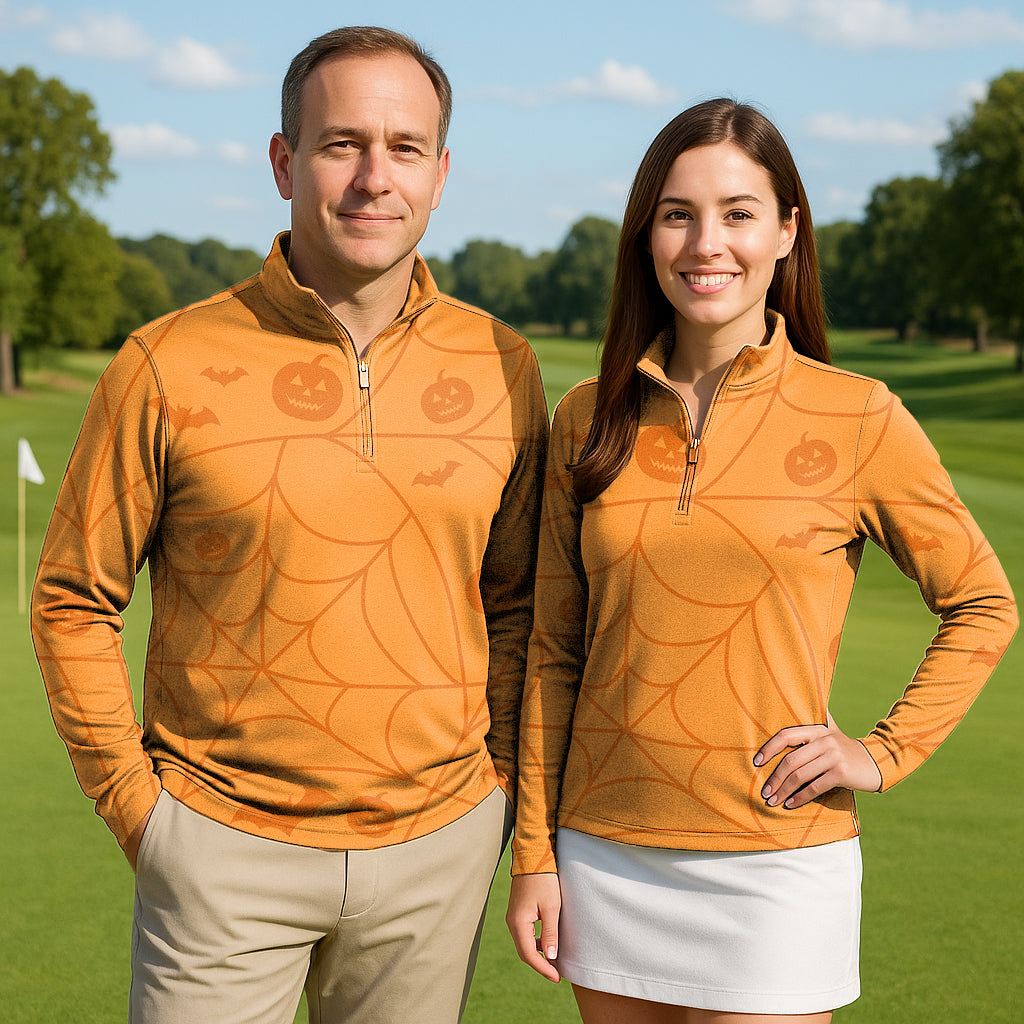 Halloween Spiderweb Pumpkin Couple Golf Active 3/4 Zipper Top Long Sleeves