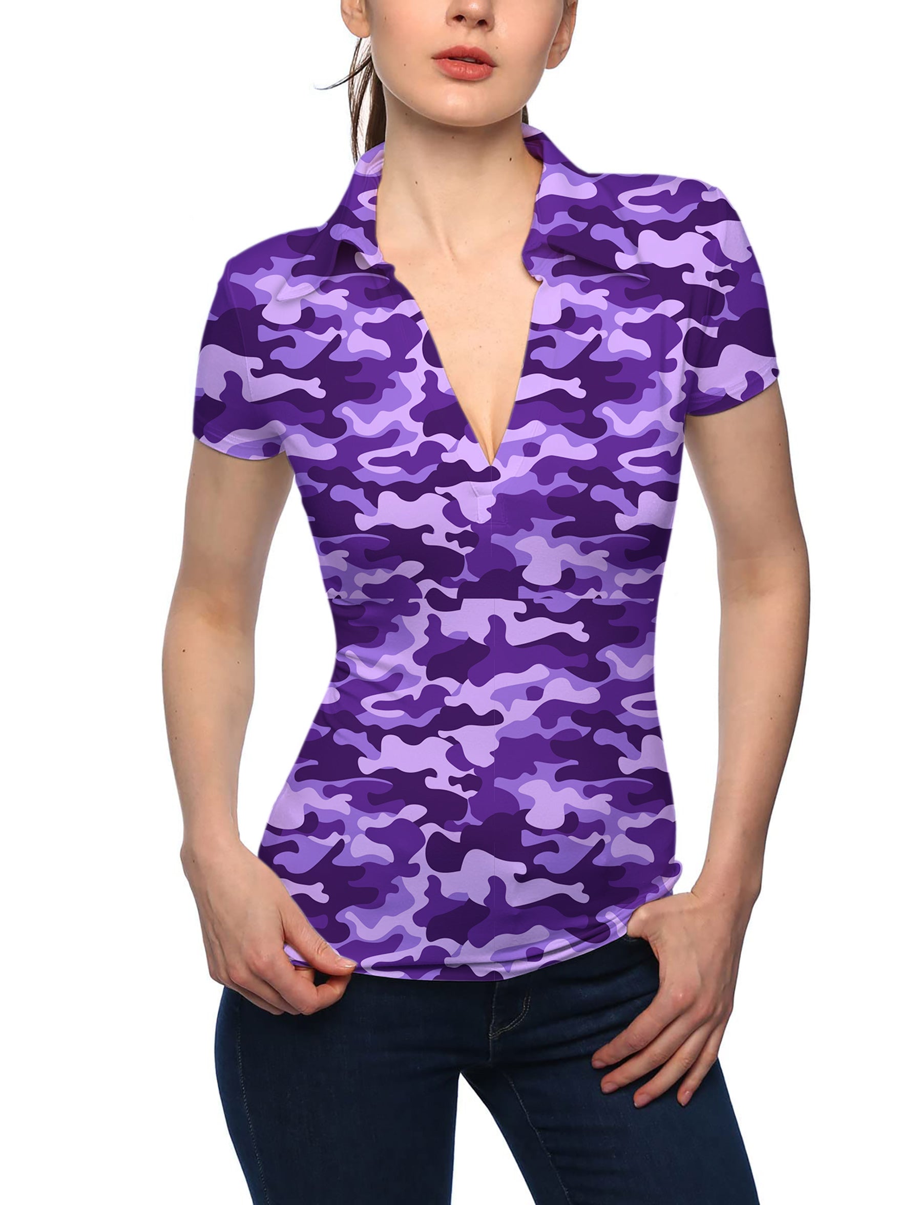 Women's Purple Camo V Neck Golf Polo