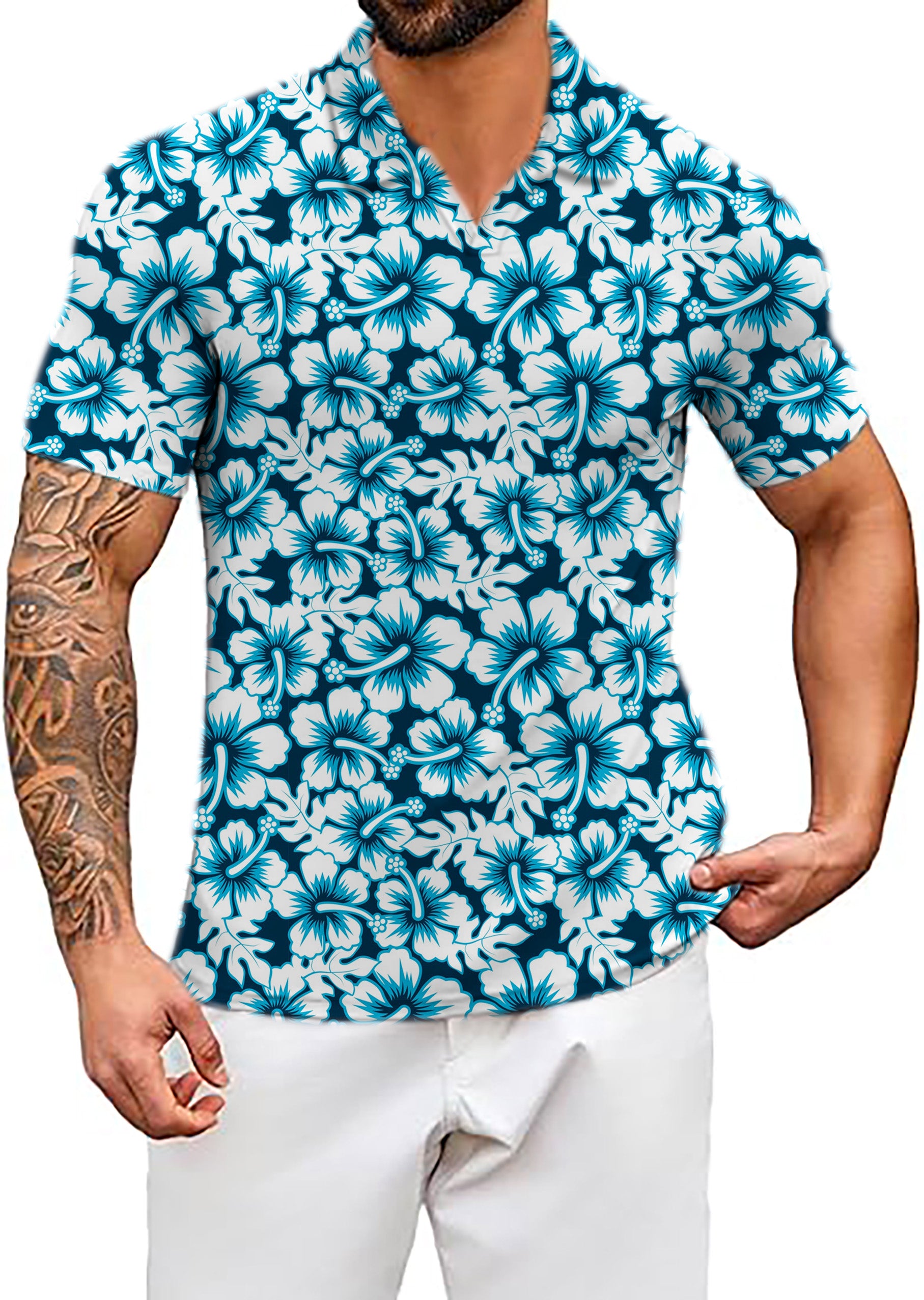 Men's Hawaiian Hibiscus V Neck Golf Polo Shirts