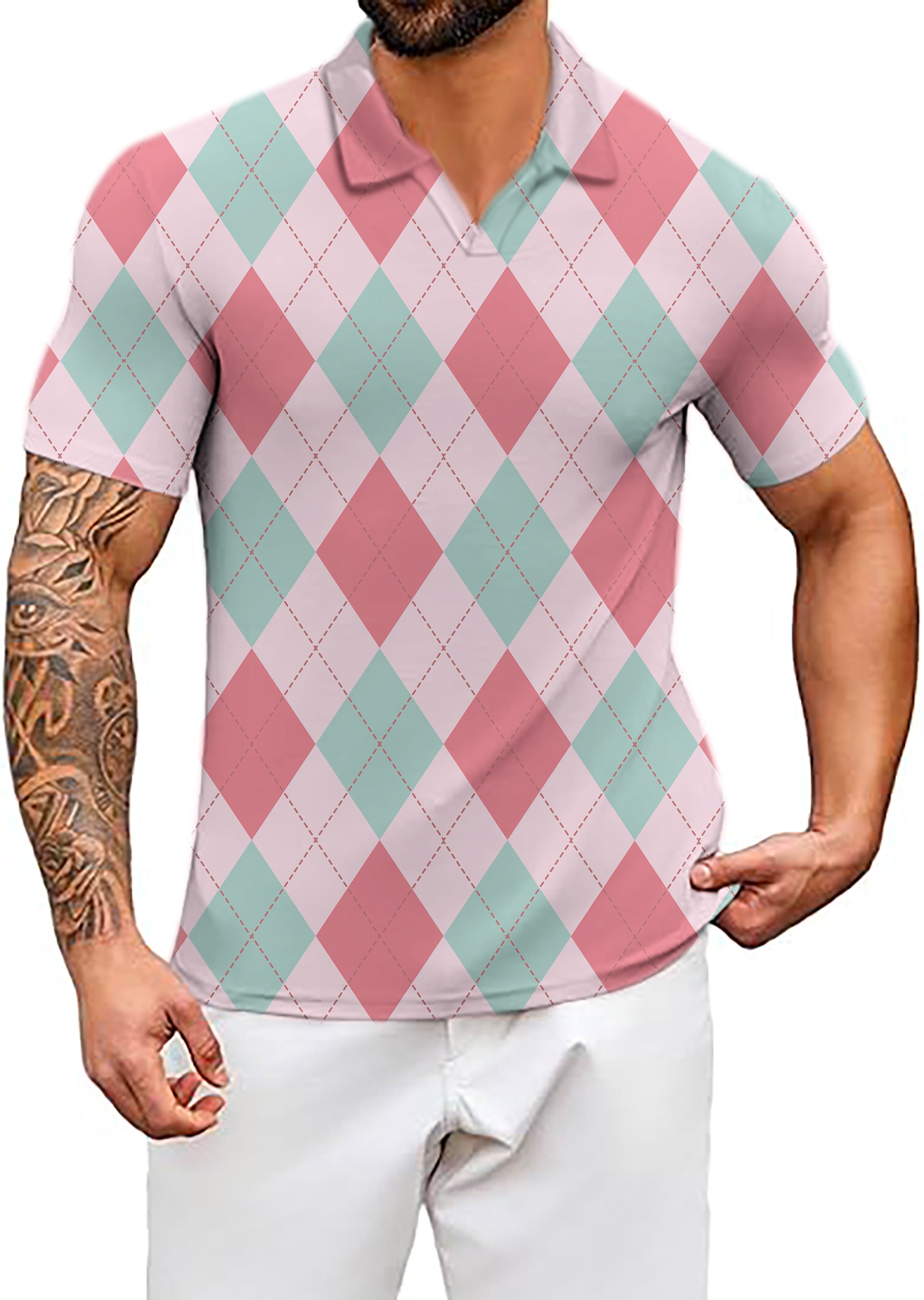 Men's pink Argyle V Neck Golf Polo Shirts