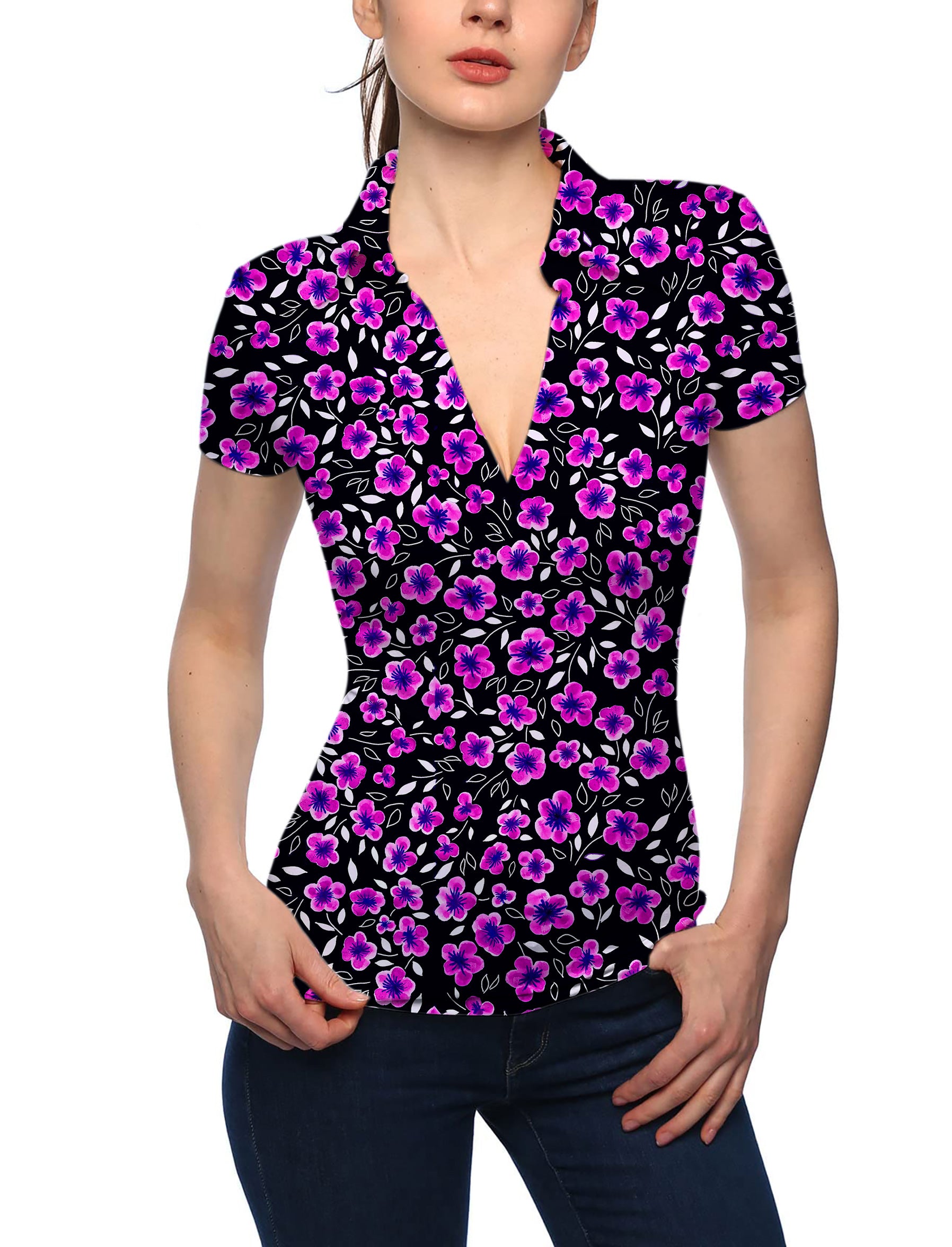 Women's Floral Out V Neck Golf Polo