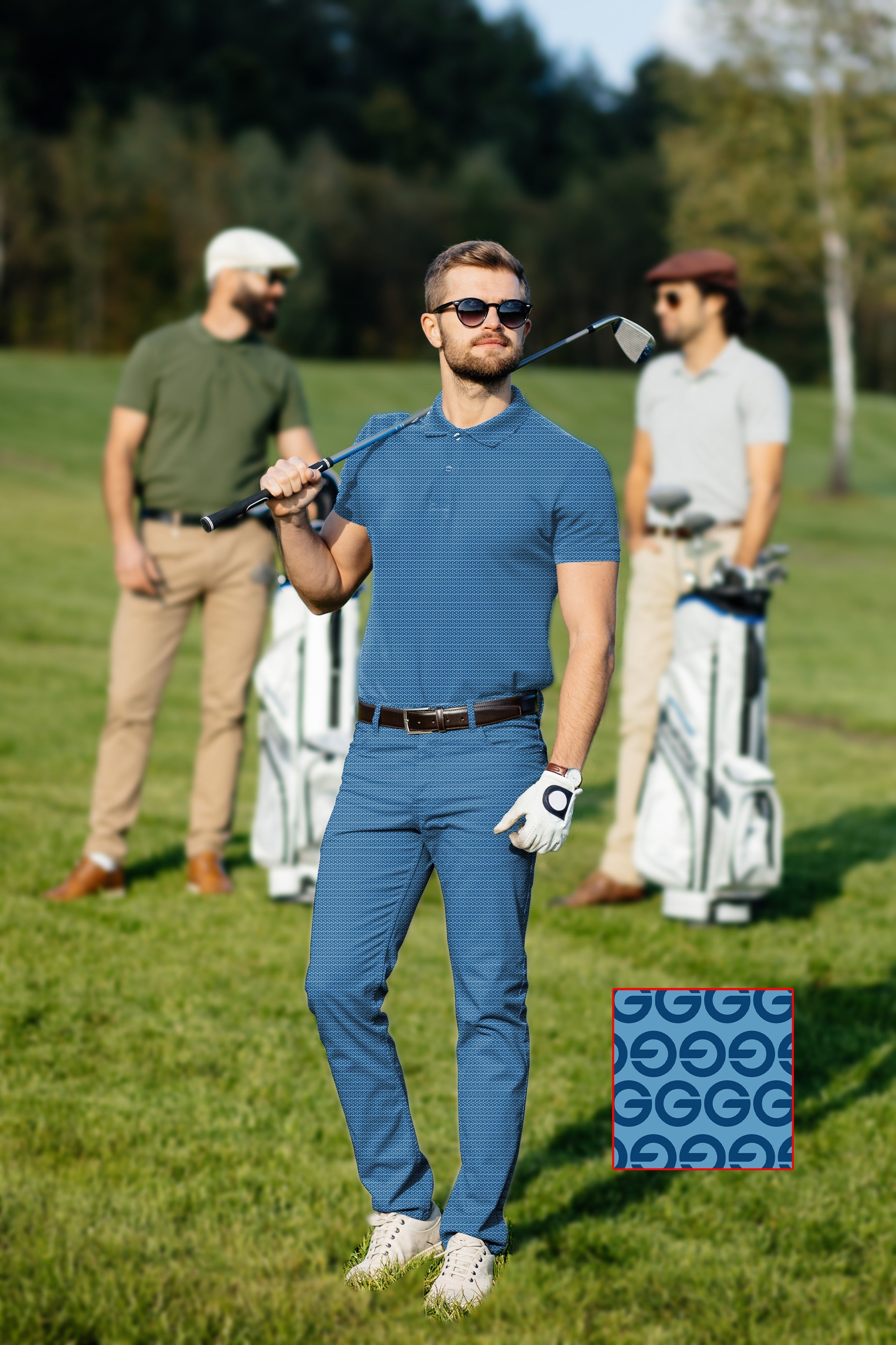 Men's golf set with blue polo and pants, four-way stretch, moisture-wicking, UPF 40+ protection, and classic fit for sporty business casual look