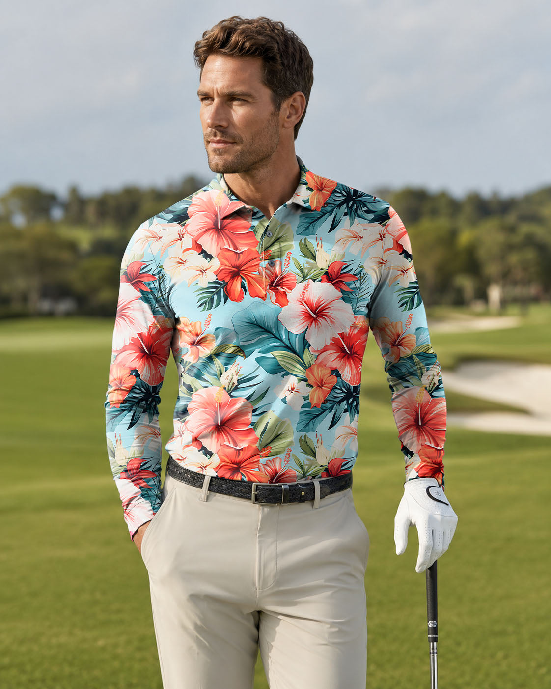 Men's Sweat Absorption Hawaiian Flowers golf Long-sleeved Polo