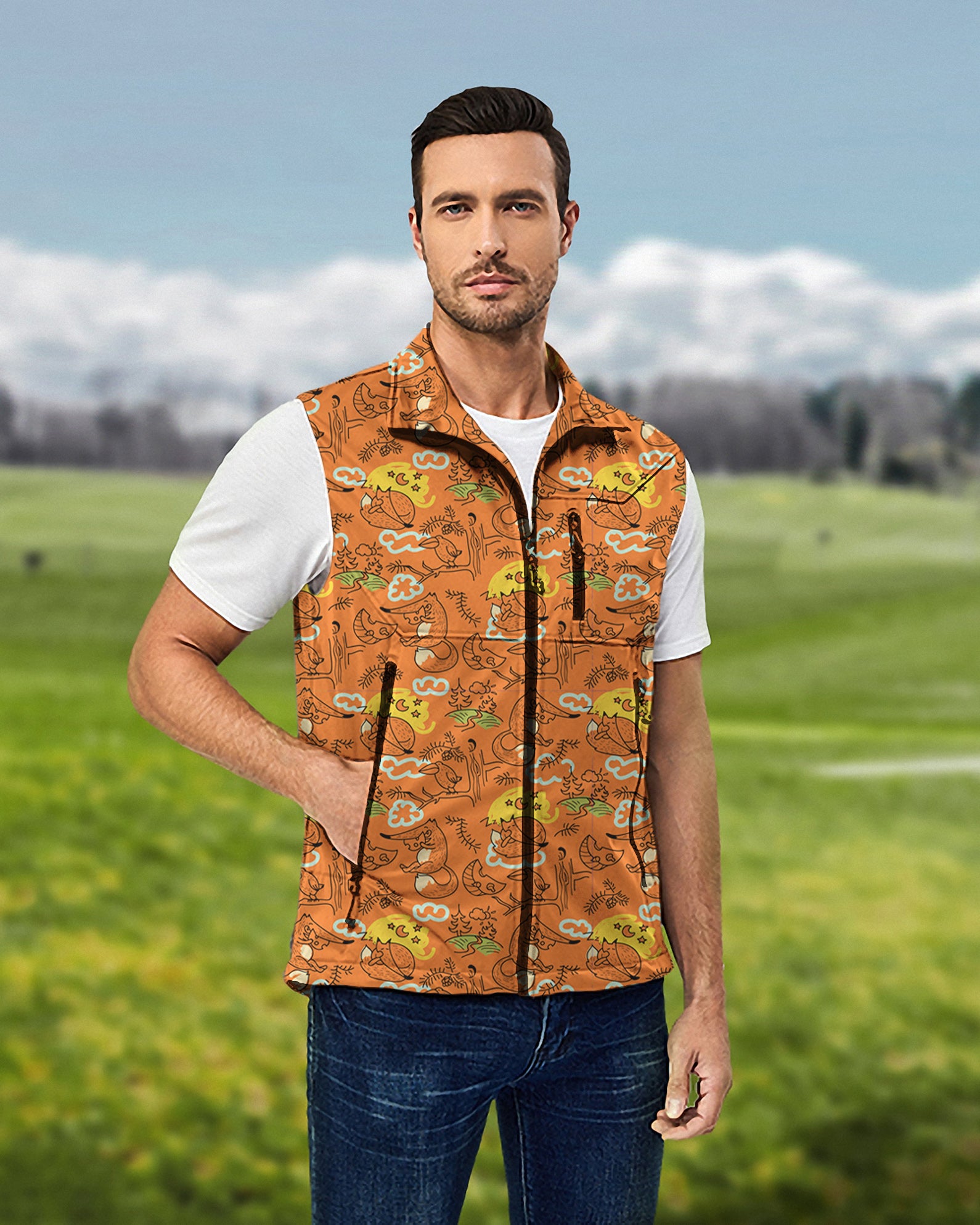 Men's Lazy fox Lightweight Softshell Vest Sleeveless Jacket for Golf Windproof Waterproof