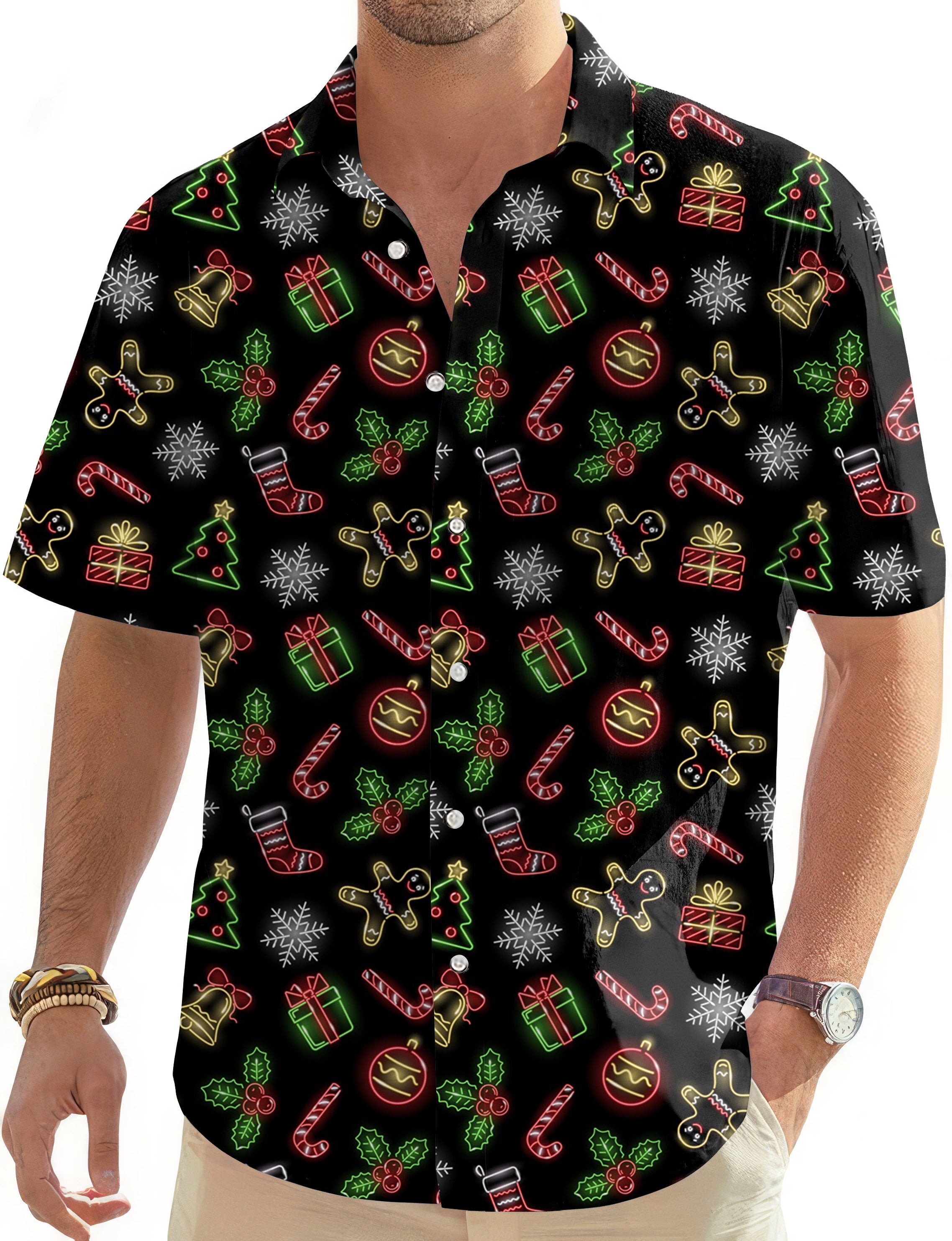 Christmas cartoon-Men's Golf Hawaiian Shirts Button Down Shirt