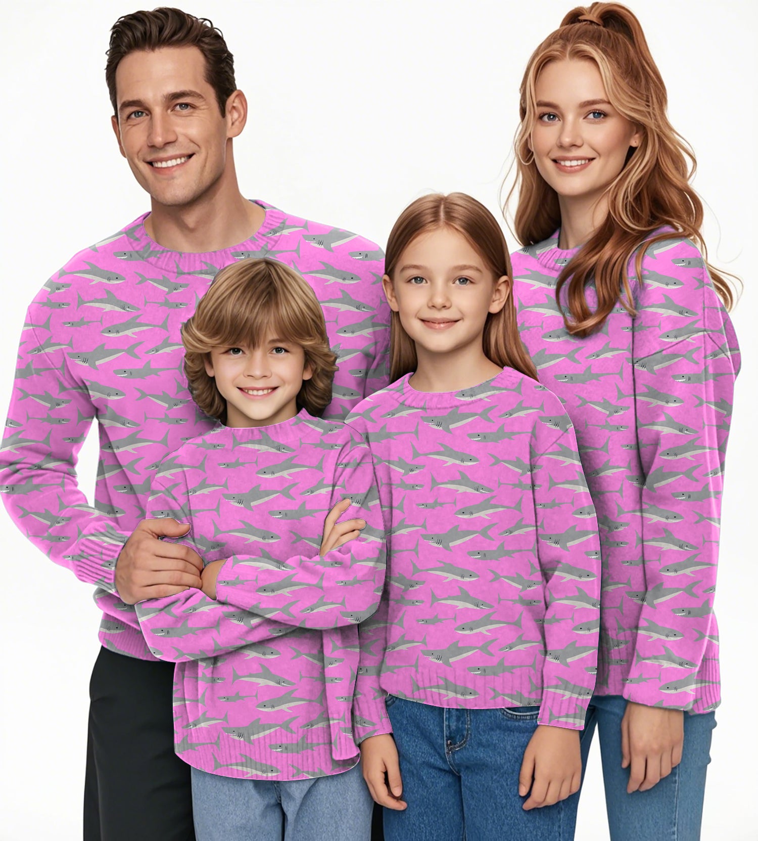 Pink Sharks Crewneck Pullover Ugly Sweater Men Women boy girl family