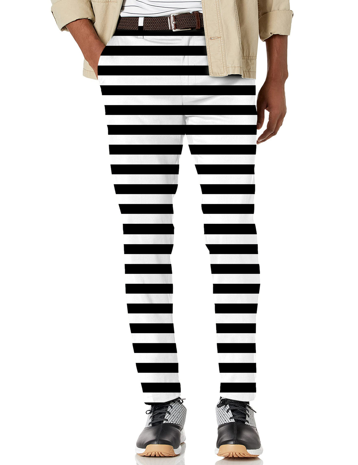 Men's Black and white horizontal stripes Stretch Golf Pants