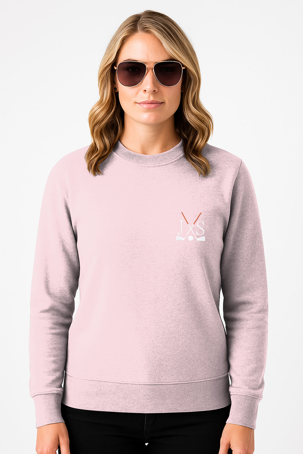 Plus size pink crew neck sweatshirt with embroidered golf clubs and initials, solid color embroidery design
