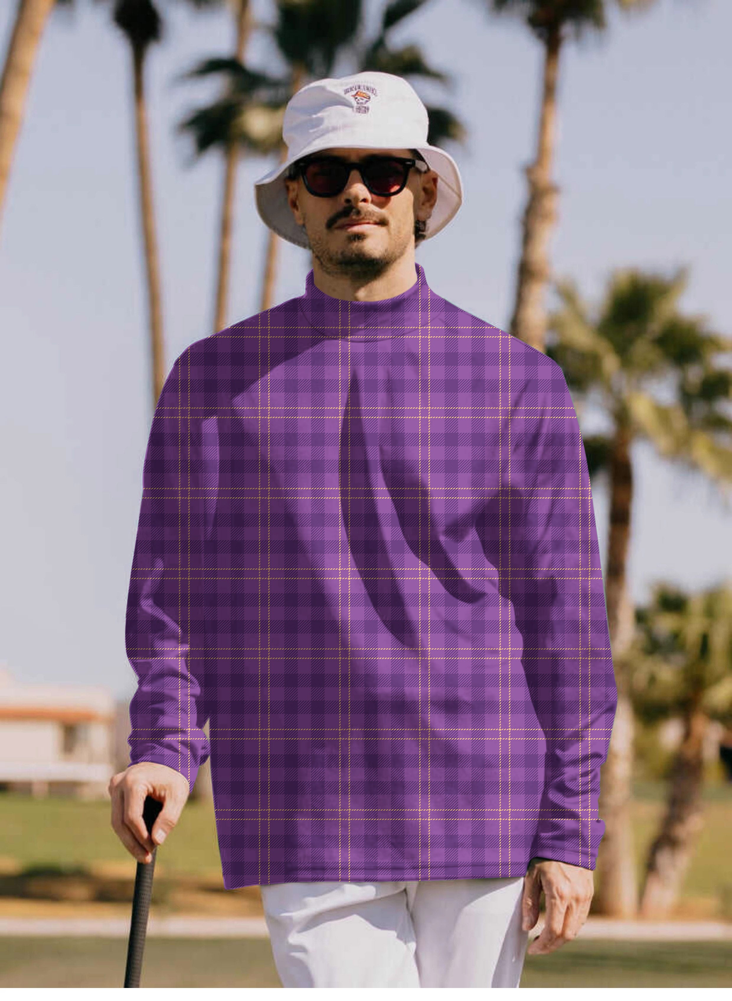 Men's Halloween purple plaid Mock Neck Long/Short Sleeve Golf Tops