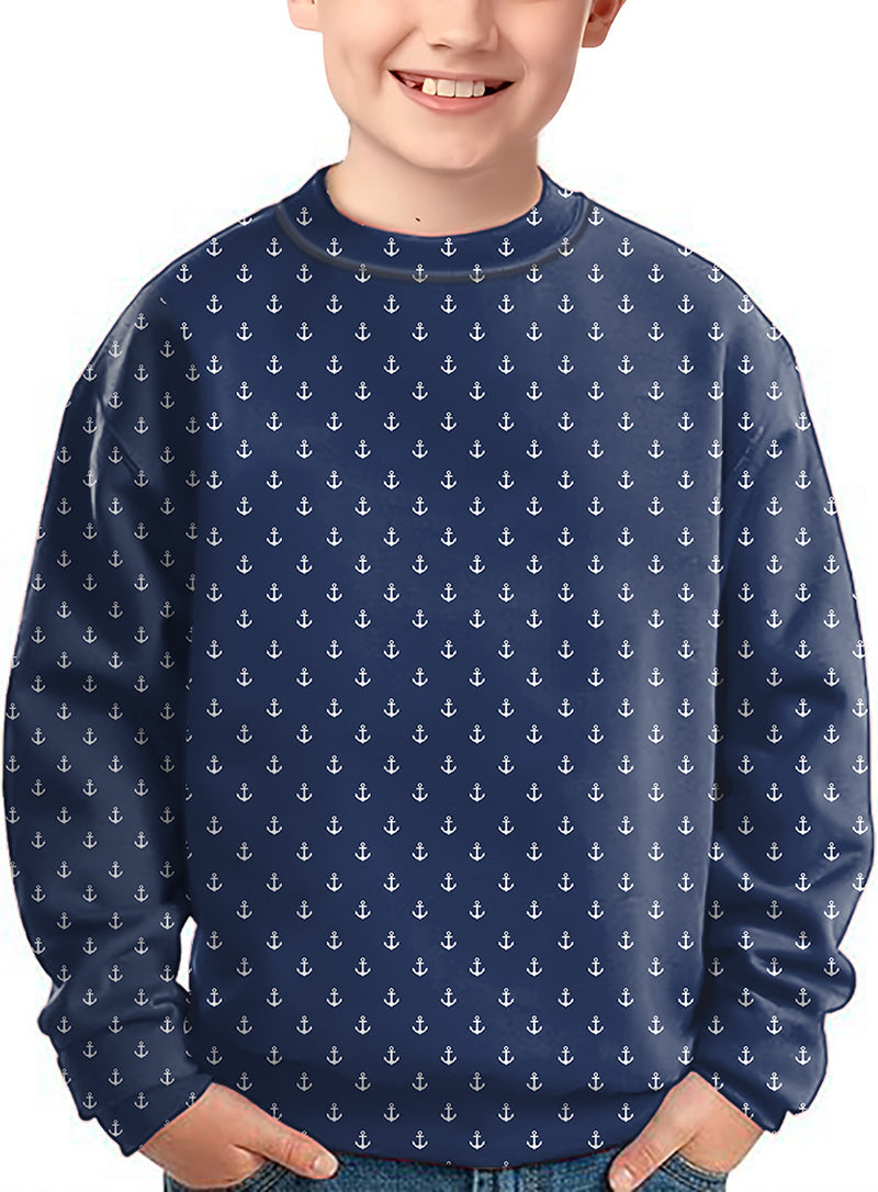 Dark blue anchor patterned crewneck pullover sweatshirt for kids.
