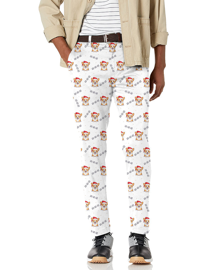 Men's Christmas Corgi stretch golf pants with moisture-wicking fabric and festive corgi pattern