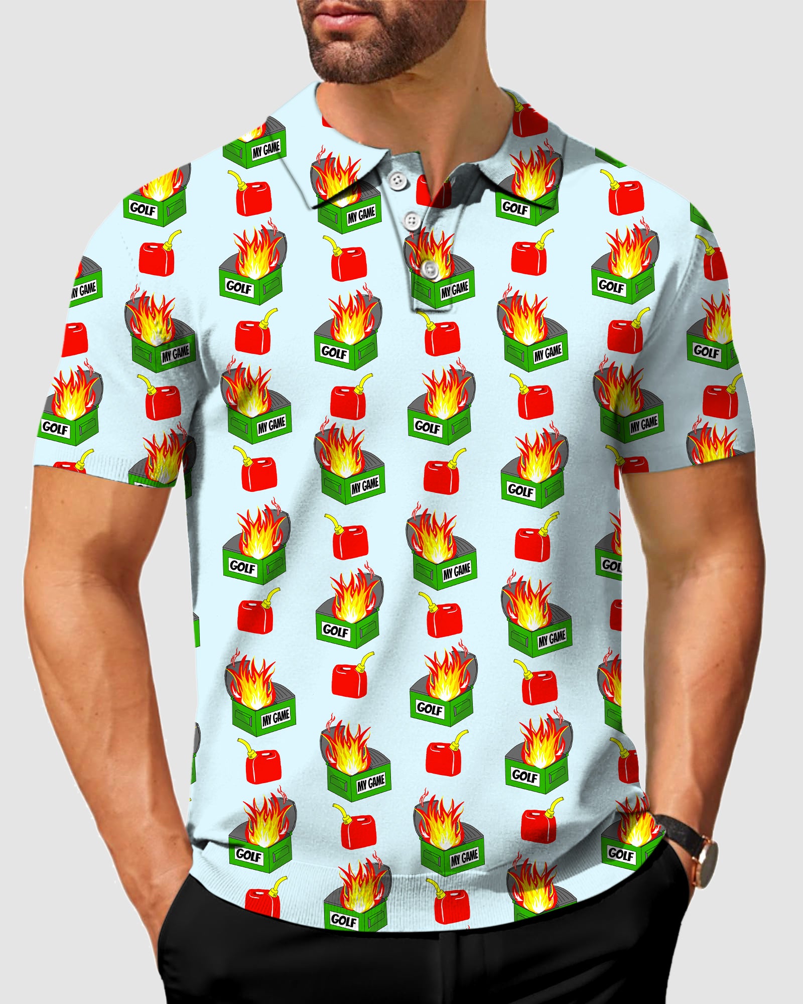 Men's Dumpster fire blue Designer style Polo